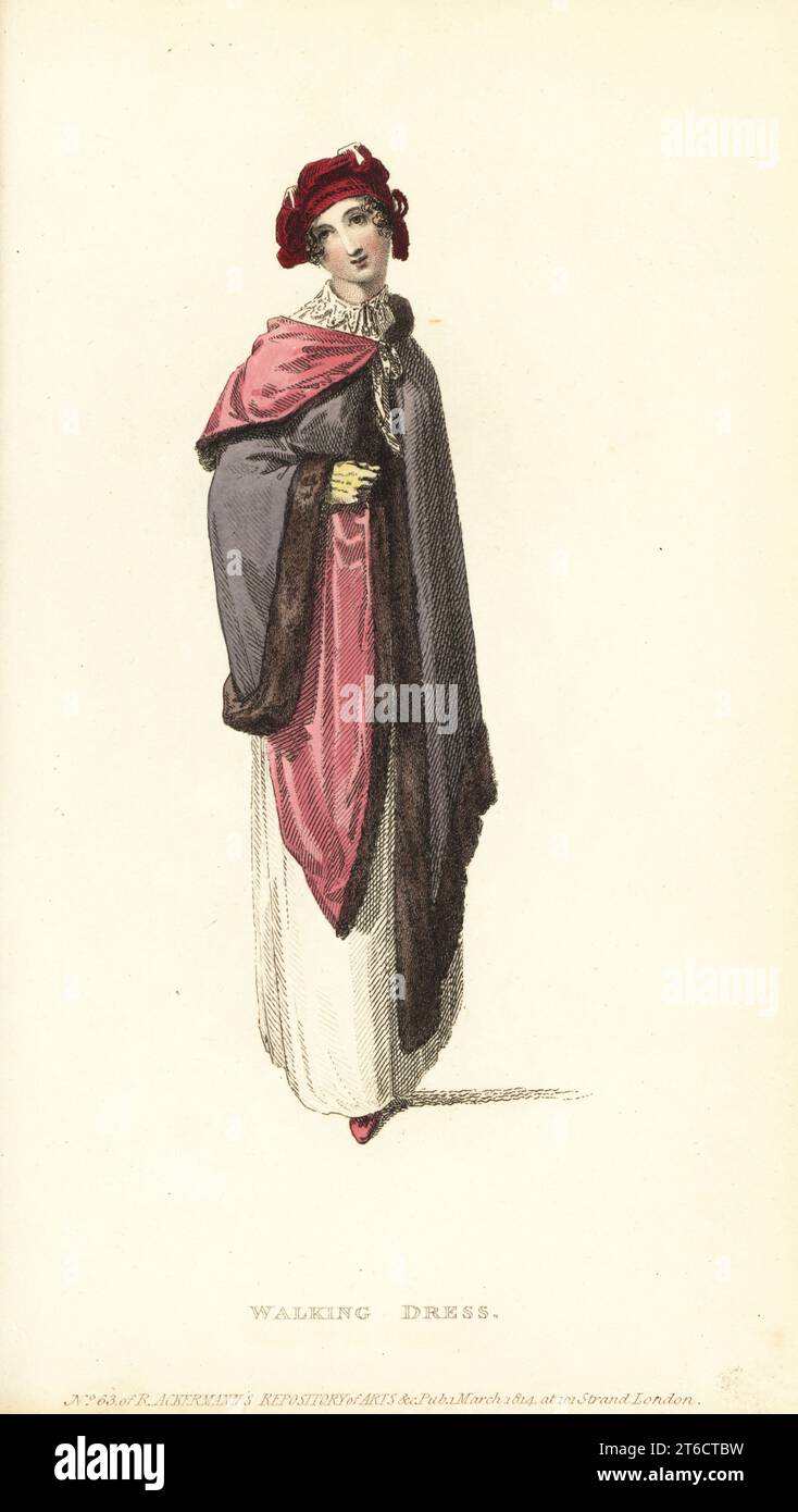 Regency-Frau in Kambric-Robe, doppeltem Rüschenkragen aus Vandyke-Spitze, österreichischem Umhang mit rosa Satin, karmesinroter Samt-Turban-Mütze aus Tscherkessen und Halfboots. Vol. 11. Platte 17, 1. März 1814. Handkolorierter Kupferstich von Thomas Uwins aus Rudolph Ackermanns Repository of Arts, Strand, London. Stockfoto