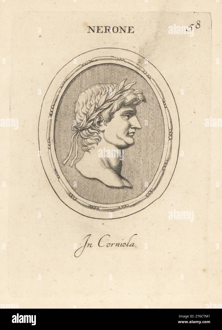 Büste von Nero Claudius Caesar Augustus Germanicus, 37 - 68 n. Chr. Fünfter römischer Kaiser und letzter Kaiser der Julio-Claudianischen Dynastie, der von 54 n. Chr. bis zu seinem Tod im Jahre 68 n. Chr. regierte. In Karneol. Nerone. In Corniola. Kupferstich von Giovanni Battista Galestruzzi nach Leonardo Agostini aus Gemmae et Sculpturae Antiquae Depicti ab Leonardo Augustino Senesi, Abraham Blooteling, Amsterdam, 1685. Stockfoto