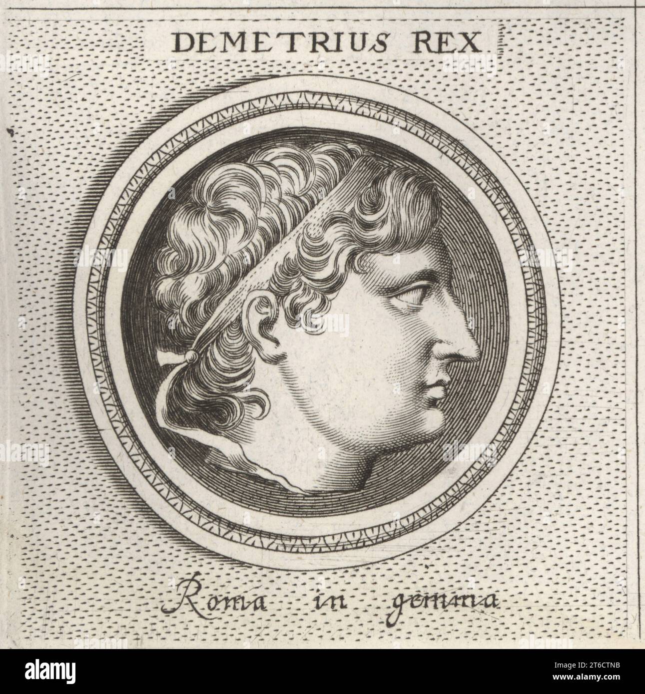 Demetrius I., auch Poliorcetes genannt, mazedonischer Adliger, Militärführer und König von Makedonien, 337-283 v. Chr. Demetrius Rex. Roma in gemma. Kupferstich nach einer Illustration von Joachim von Sandrart aus seiner LAcademia Todesca, della Architectura, Scultura & Pittura, oder Teutsche Academie, der Edlen Bau- Bild- und Mahlerey-Kunste, Deutsche Akademie für Architektur, Skulptur und Malerei, Jacob von Sandrart, Nürnberg, 1675. Stockfoto