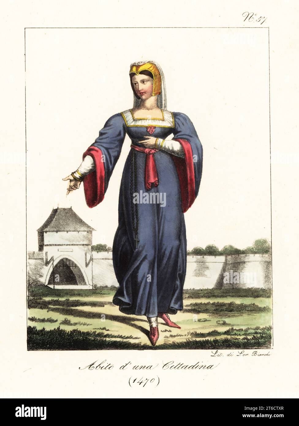 Kostüm einer französischen Bürgerin, 1470. Mit Giebelkopf, Kleid mit durchgehenden Ärmeln, Schlauch, pinken spitzen Schuhen. Kostüm d'une Bourgeoise. Handkolorierte Lithographie von Lorenzo Bianchi nach Hippolyte Lecomte aus Costumi civili e militari della monarchia francese dal 1200 al 1820, Neapel, 1825. Italienische Ausgabe der Lecomtes Zivil- und Militärkostüme der französischen Monarchie von 1200 bis 1820. Stockfoto