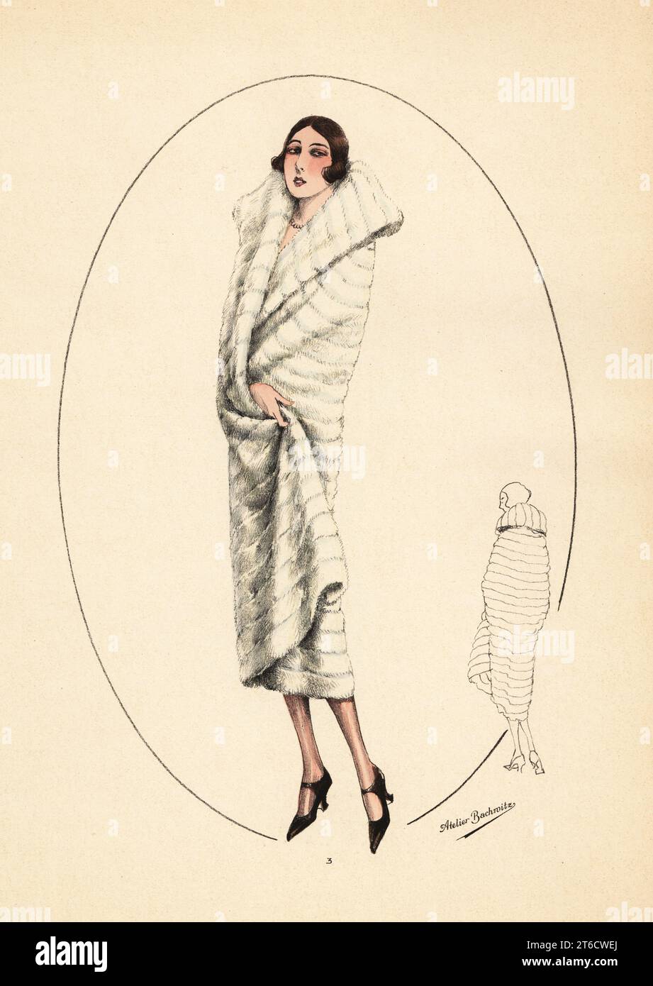 Modische Frau mit kurzem bob-Haarschnitt im Erminenmantel, 1926. Abendumhang von Ermine mit hohem Umlegekragen. Cape du soir en hermine. Handkolorierte Lithographie von Modeles originaux de Fourrures, Original Models in fur, Nr. 17, Atelier Bachwitz, Wien, 1926. Stockfoto