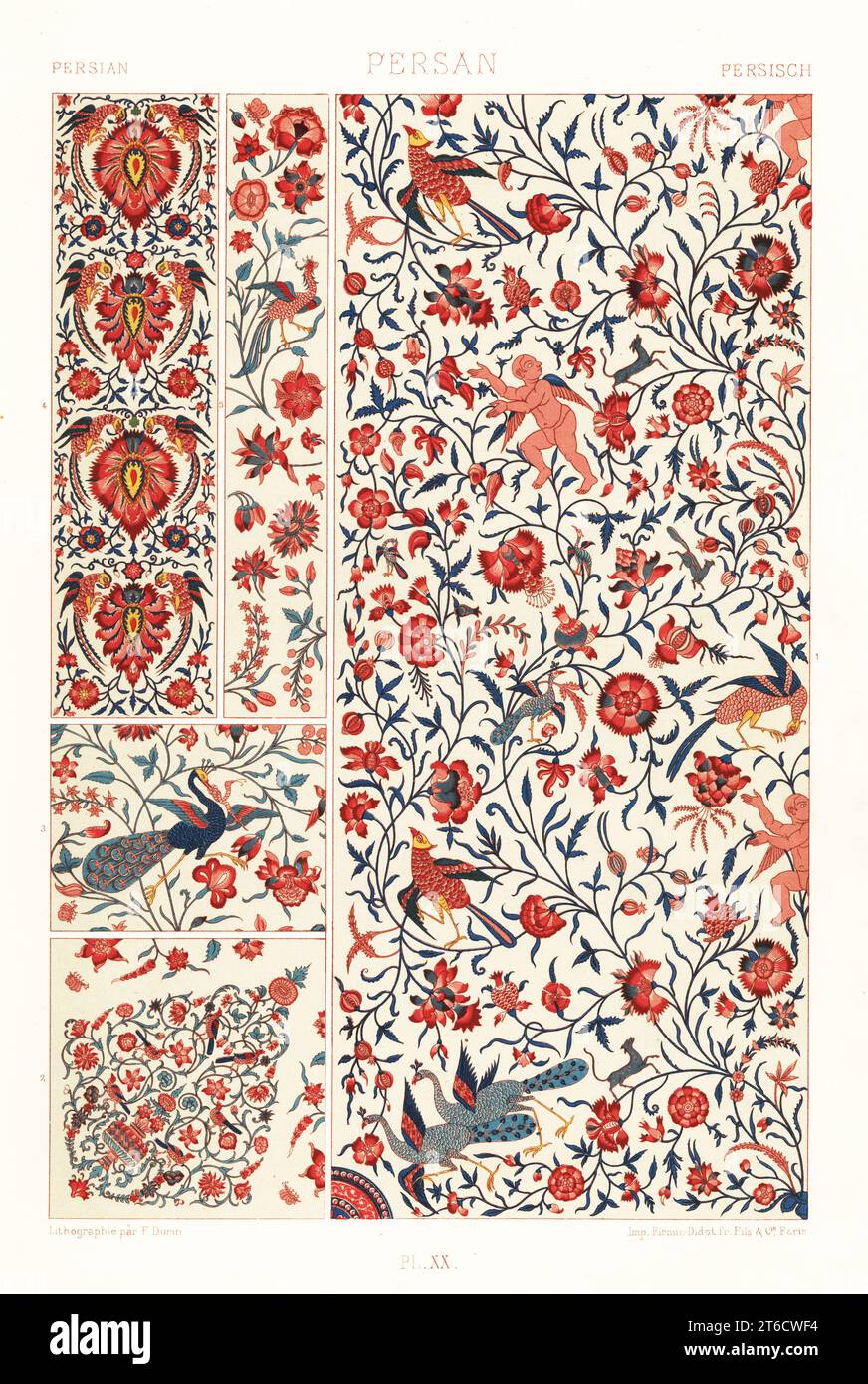 Persische Kunst: Bedrucktes Leinen. Stoffproben im persischen Stil dekoriert mit Blumen, Vögeln, menschlichen Figuren, Granatäpfeln, Pfauen, usw. Persan. Handgefertigte Chromolithographie von F. Durin von Albert-Charles-Auguste Racinets LOrnement polychrome, (polychromatisches Ornament), Firmin-Didot, Paris, 1869-73. Stockfoto