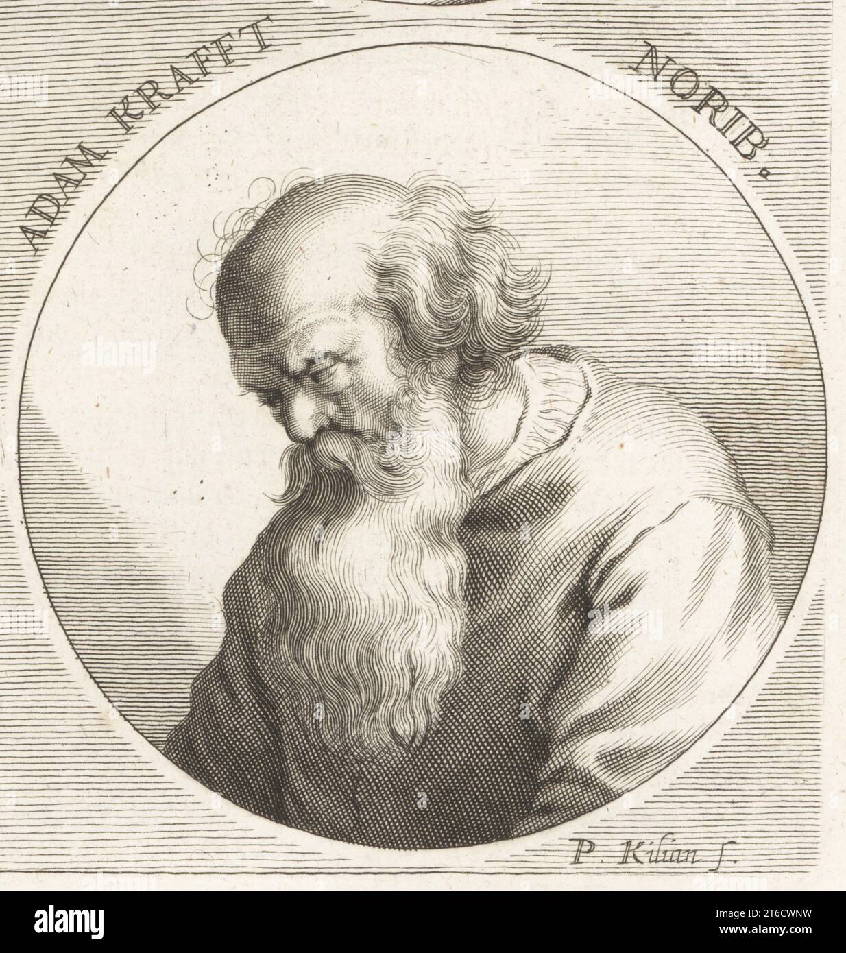 Adam Kraft, deutscher Steinbildhauer und Baumeister der Spätgotik, mit Sitz in Nürnberg, um 1460–1509. Adam Krafft Norib. Kupferstich von Philipp Kilian nach einer Illustration von Joachim von Sandrart aus seiner LAcademia Todesca, della Architectura, Scultura & Pittura, oder Teutsche Academie, der Edlen Bau- Bild- und Mahlerey-Kunste, Deutsche Akademie für Architektur, Skulptur und Malerei, Jacob von Sandrart, Nürnberg, 1675. Stockfoto