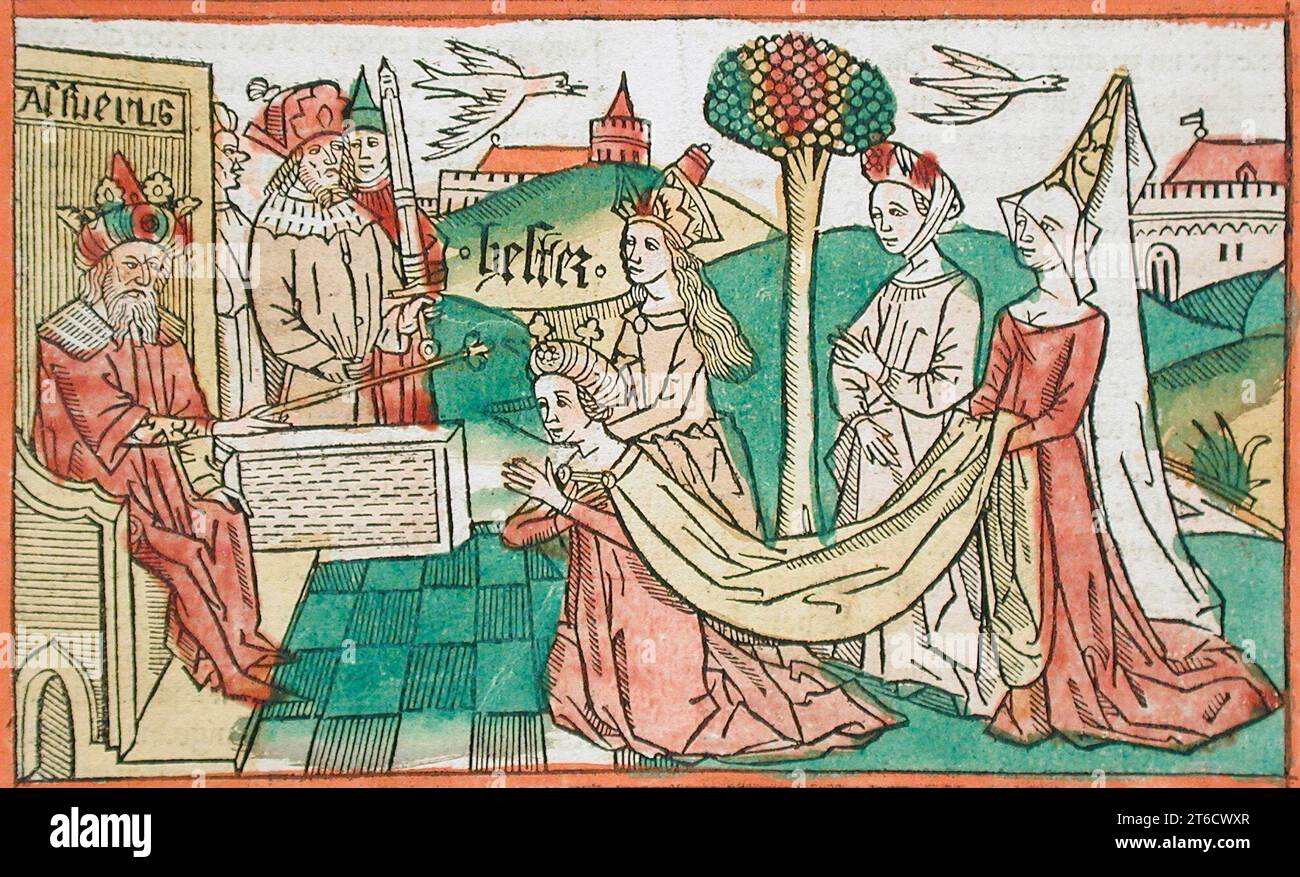 Esther vor König Ahasureus, 1470. Buch: Kölner Bibel, 9. Auflage (Nürnberg: Anton Koberger, 1483). Stockfoto