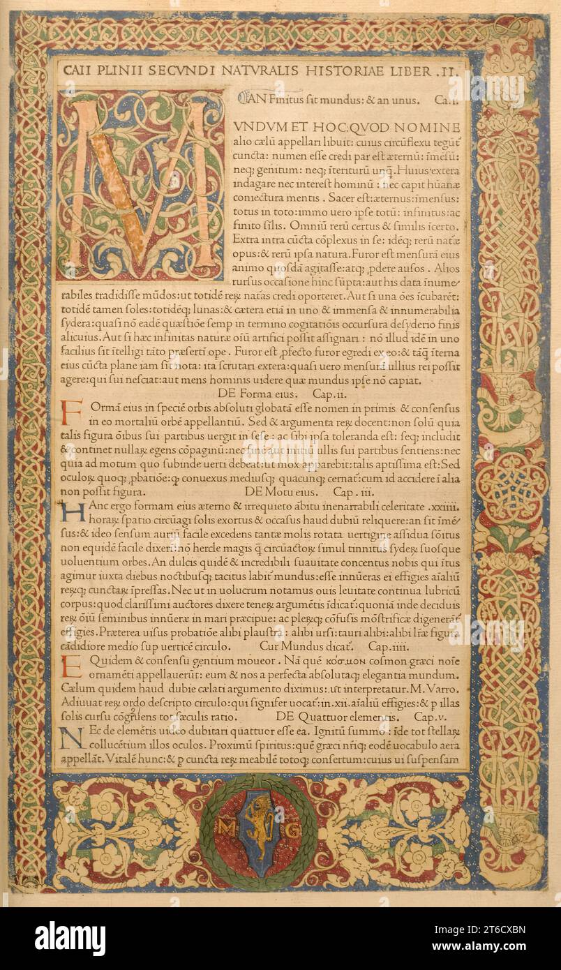 Blatt aus Canzoniere e Trionfi, 1473. Caii Plinii Secundi Naturalis historiae. Stockfoto