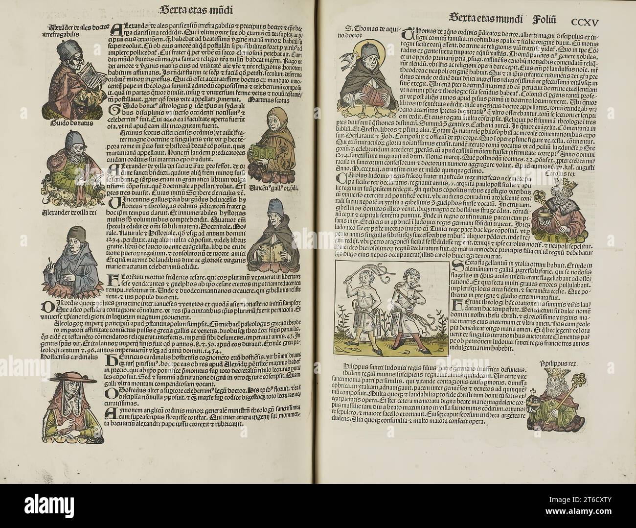 Zwei Seiten aus dem Liber Chronicarum, 1493. Die Liber chronicarum oder Nürnberger Chronik ist eine Geschichte der Welt, die im Rahmen der biblischen Erzählung von der Schöpfung bis zum Jüngsten Gericht in sieben Zeitalter unterteilt ist. Das Buchprojekt wurde von zwei Nürnberger Kaufleuten in Auftrag gegeben: Sebald Schreyer (1446–1503) und sein Schwiegersohn Sebastian Kammermeister (1446–1520). Der lateinische Text wurde von Hartmann Schedel (1440–1514), einem Arzt und Humanist, komponiert und von George Alt (1450–1510), einem Schreiber der Nürnberger Schatzkammer, ins Deutsche übersetzt. Stockfoto
