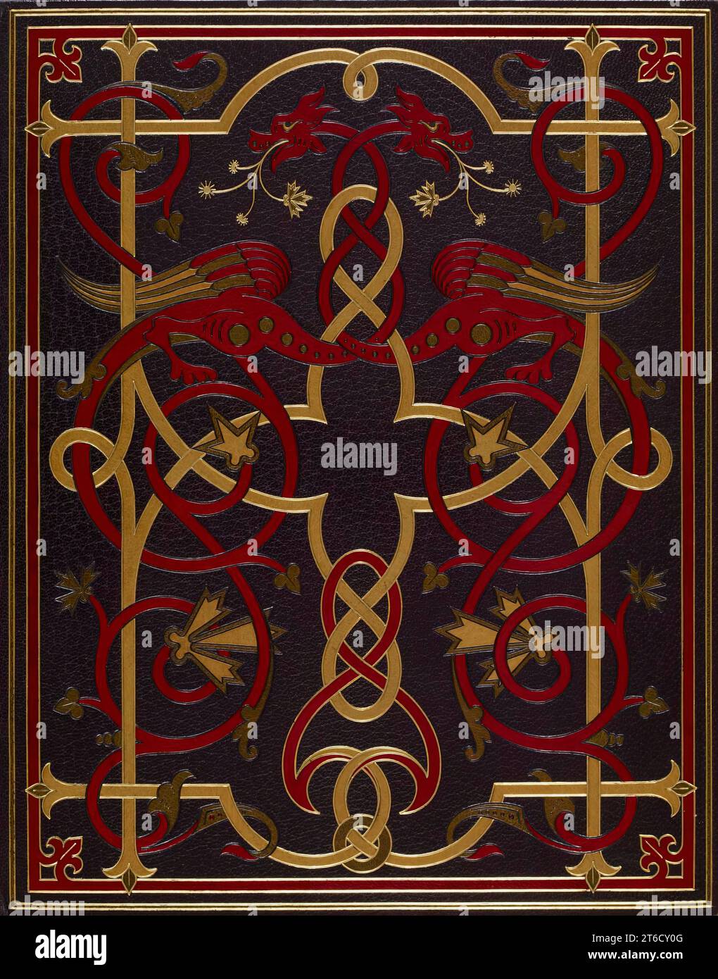 Cover von „Le ROI des Aulnes“ (der Erlk&#xf6;nig), 1904. Dekorative Hülle von L&#xe9;auf Brei, die sich für eine traditionelle Dekoration aus dem 16. Jahrhundert mit miteinander verbundenen Bändern, die „Strapwork“ genannt werden, entschieden hat. Er fügte jedoch ein wenig Gilded Age Flair hinzu. Zwei Drachen mit verschränkten Hälsen fügen ein dramatisches Element hinzu, das in der ursprünglichen Version des Stils nicht gefunden worden wäre. Das Buch ist eine illustrierte Ausgabe eines Gedichts von Johann Wolfgang von Goethe (1749–1832) aus dem Jahr 1782 und enthält die Klavierpartitur der Musik, zu der es vom Komponisten Franz Schubert ( Stockfoto