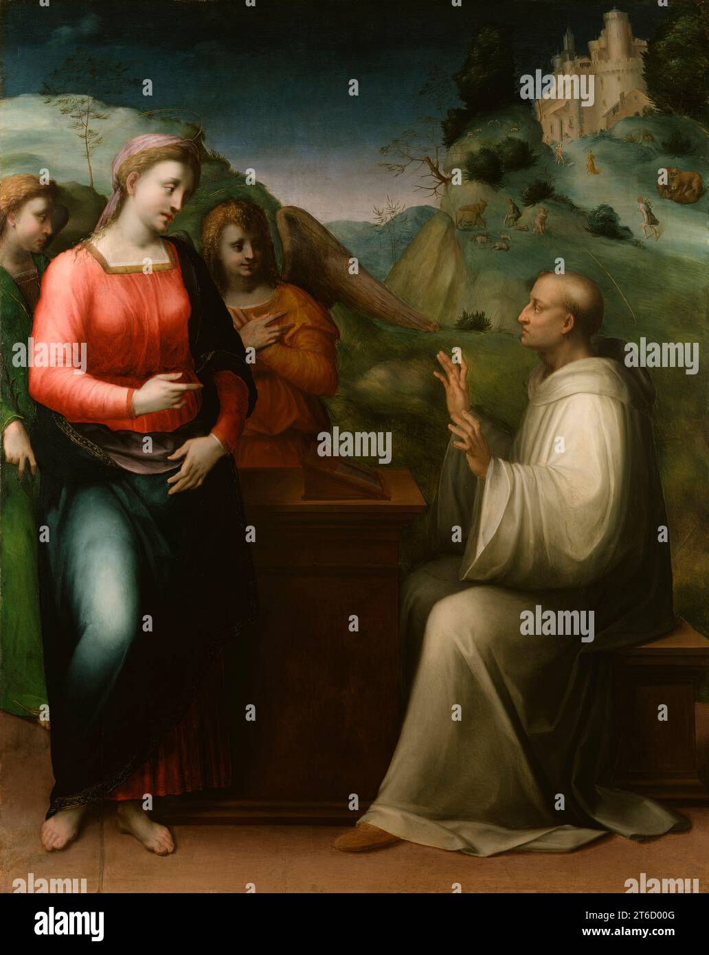 Die Vision des Heiligen Bernhard, 1520. Ich sitze an einem Leseschalter vor einer Landschaft, St.. Bernhard von Clairvaux (1090–1153) hat eine Vision der Jungfrau Maria, die von zwei Engeln besucht wird. Der heilige, der die weiße Gewohnheit des Zisterzienserordens der Mönche trägt, war für seine Verehrung der Jungfrau bekannt, und ihm wurden mehrere mystische Visionen von ihr zugeschrieben. Stockfoto