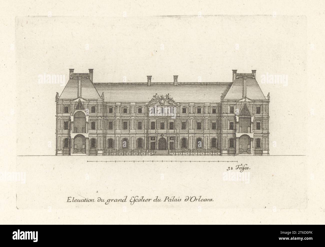 Die große Treppe zum Schloss Luxemburg (Palais du Luxembourg) wurde nach den Entwürfen des französischen Architekten Salomon de Brosse für Marie de' Medici errichtet. Elevation du Grand escalier du Palais d'Orleans. Gravur aus Kupferplatten, gezeichnet und graviert von Jean Marot aus seinen Recueil des Plans, Profils et Elevations de Plusieurs Palais, Chasteaux, Eglises, Sepulturen, Grotes et Hotels, Sammlung von Plänen, Profilen und Höhen von Palästen, Schlössern, Kirchen, Gräbern, Grotten und Hotels, chez Mariette, Paris, 1655. Stockfoto