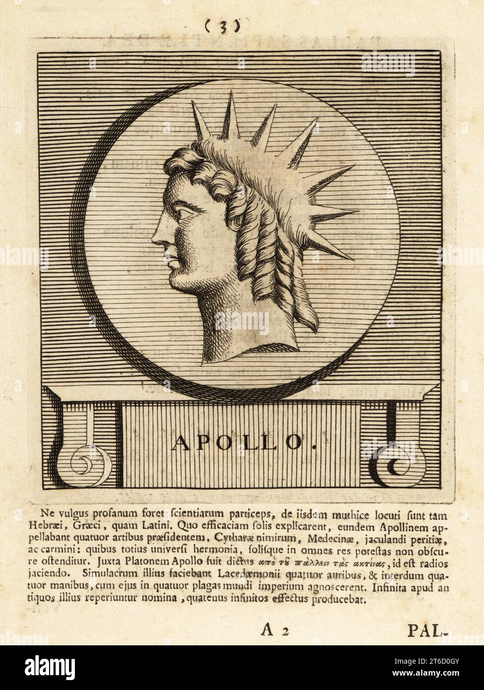 Apollo, griechischer Gott des Bogenschießens, Musik und Tanz, Wahrheit und Prophetie, Heilung, Poesie, usw. Kupferstich von Pieter Bodart (1676–1712) aus Henricus spoors Deorum et Heroum, Virorum et Mulierum Illustrium imagines Antiquae Illustatae, Götter und Helden, Männer und Frauen, illustriert mit antiken Bildern, Petrum, Amsterdam, 1715. Erstmals 1707 als Favissæ utriusque antiquitatis tam Romanæ quam Græcæ veröffentlicht. Henricus Spoor war ein niederländischer Arzt, klassischer Gelehrter, Dichter und Schriftsteller. 1694-1716. Stockfoto