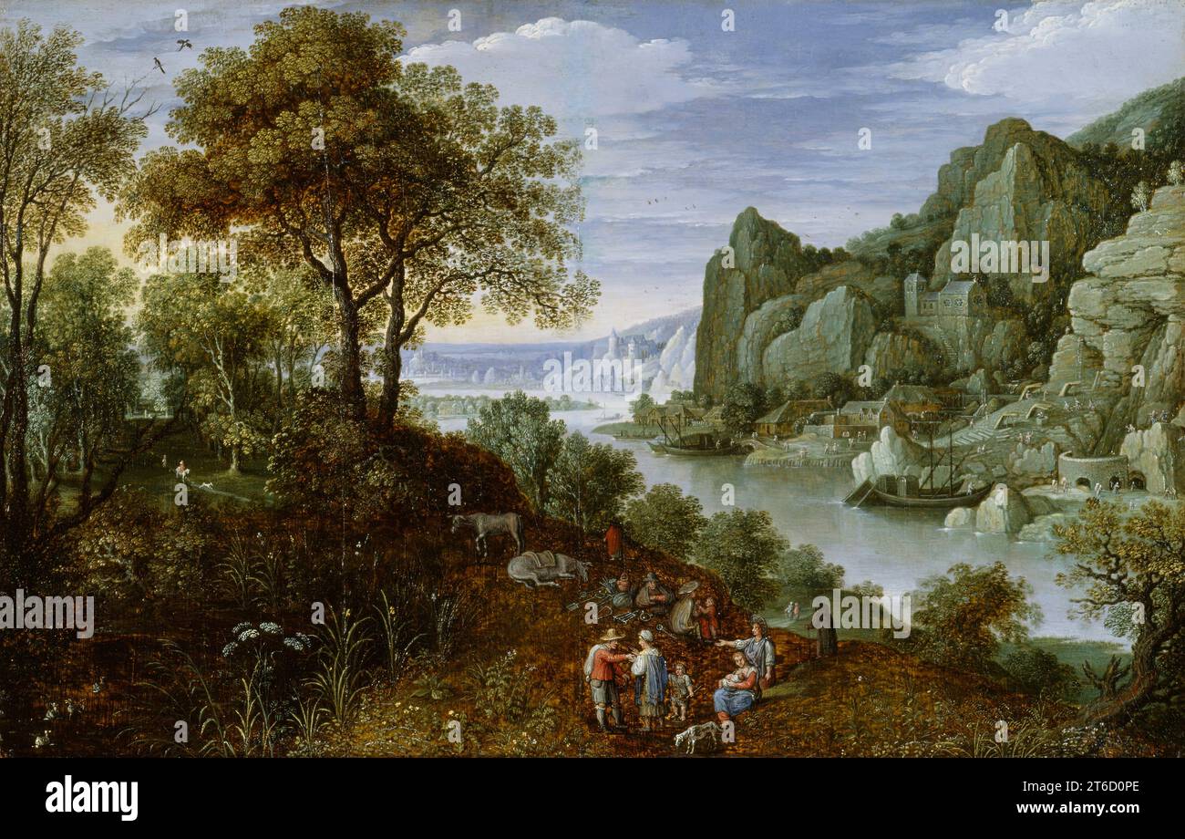 Flusslandschaft mit Bergbau, 1620-1629. Der Bergbau war im 15. Bis 17. Jahrhundert ein wichtiger Industriezweig in den südlichen Niederlanden, Deutschland und Österreich. Da viele mächtige Persönlichkeiten mit bedeutendem Interesse am Bergbau auch große Mäzen der Kunst waren, wie Erzherzog Ferdinand von Österreich, das Thema wurde in den späten 1500er Jahren für die Landschaftsmalerei sehr beliebt. der rasante Abstieg ins Tal in Kombination mit Details im Vordergrund – Zigeuner, die landwirtschaftliche Werkzeuge verkaufen – veranschaulicht die erstaunlichen Kontraste und Hinweise auf den Bergbau, die in den Landschaften des späten 16. Jahrhunderts zu finden waren. Stockfoto