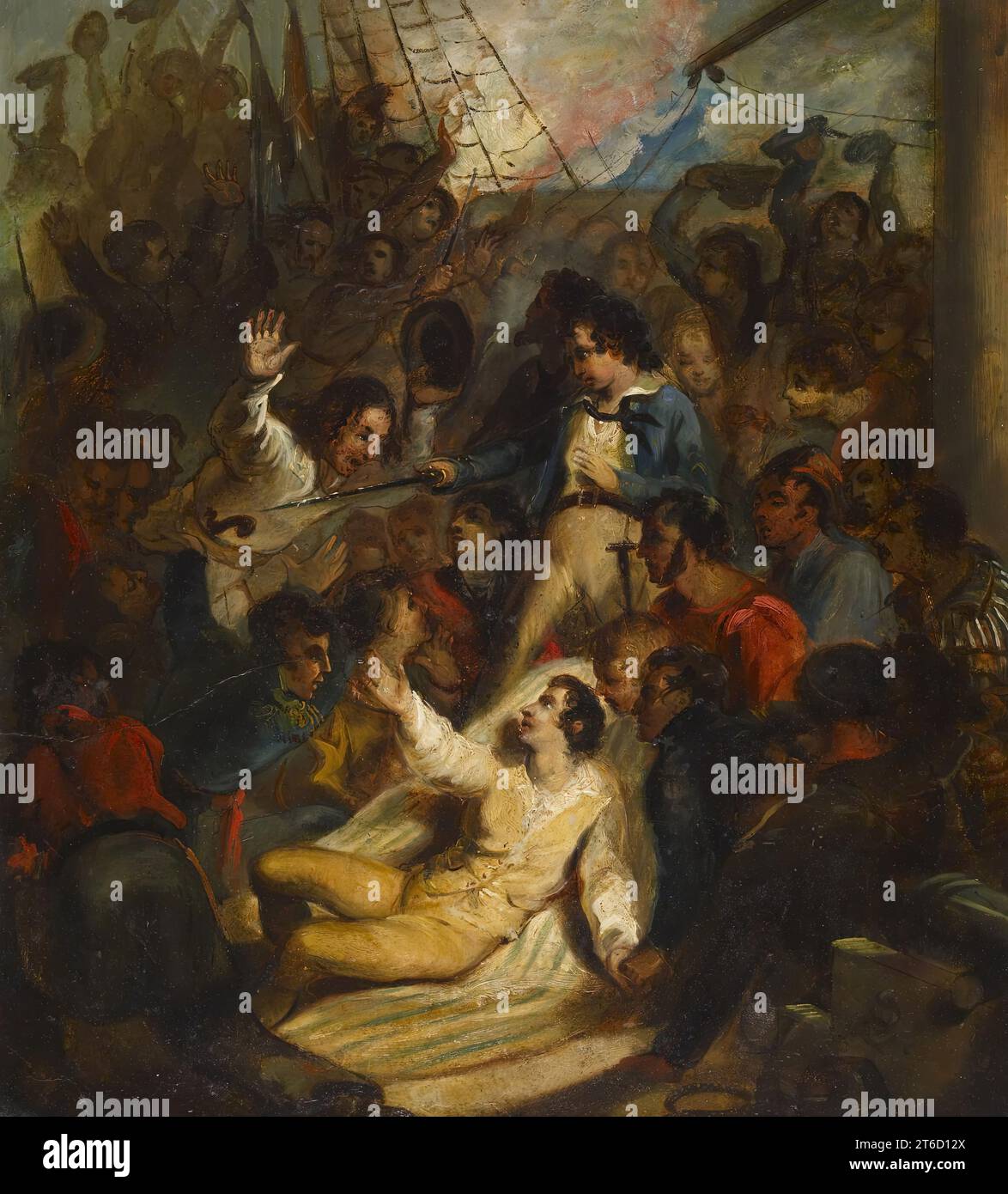 „Don’Gib das Schiff nicht auf!“, c1840. Captain James Lawrence (1781–1813) wurde am 6. Mai 1813 bei einem Einsatz im Krieg von 1812 zwischen seinem Schiff, der USS „Chesapeake“, und der britischen Fregatte HMS „Shannon“ tödlich verwundet. Während er unter Deck getragen wurde, soll Lawrence sein letztes Kommando ausgesprochen haben: „Gib das Schiff nicht auf!“, was zu einem beliebten Sammelruf der amerikanischen Marine wurde. Stockfoto