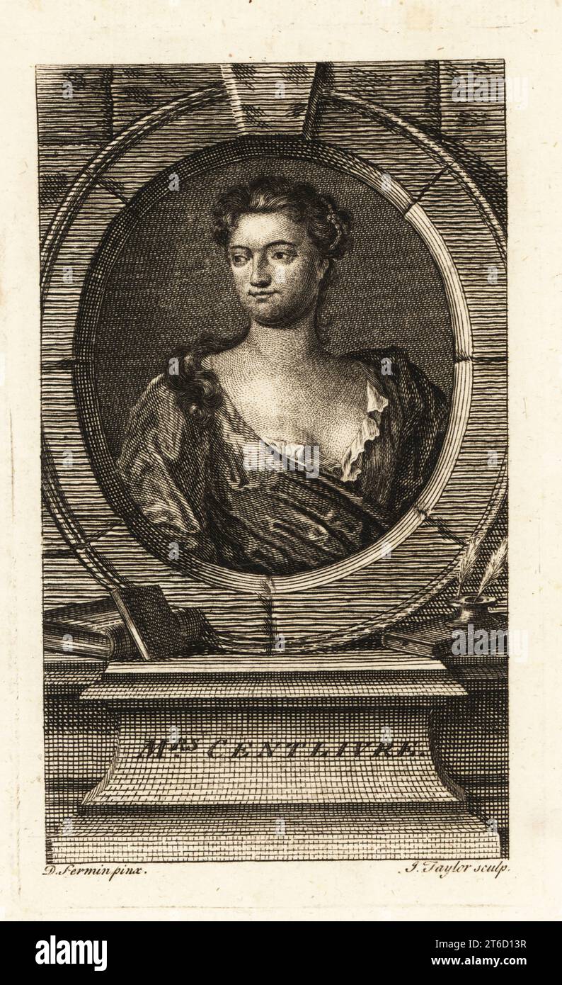Susanna Centlivre (1667-1723), englische Dramatikerin, Dichterin und Schauspielerin. Zweimal verwitwet in jungen Jahren, begann sie Komödien und Farces für die Bühne zu schreiben, um sich selbst zu unterstützen. Kupferstich von J. Taylor nach einem Gemälde von D. Fermin, erschienen in London, 1790er. Stockfoto