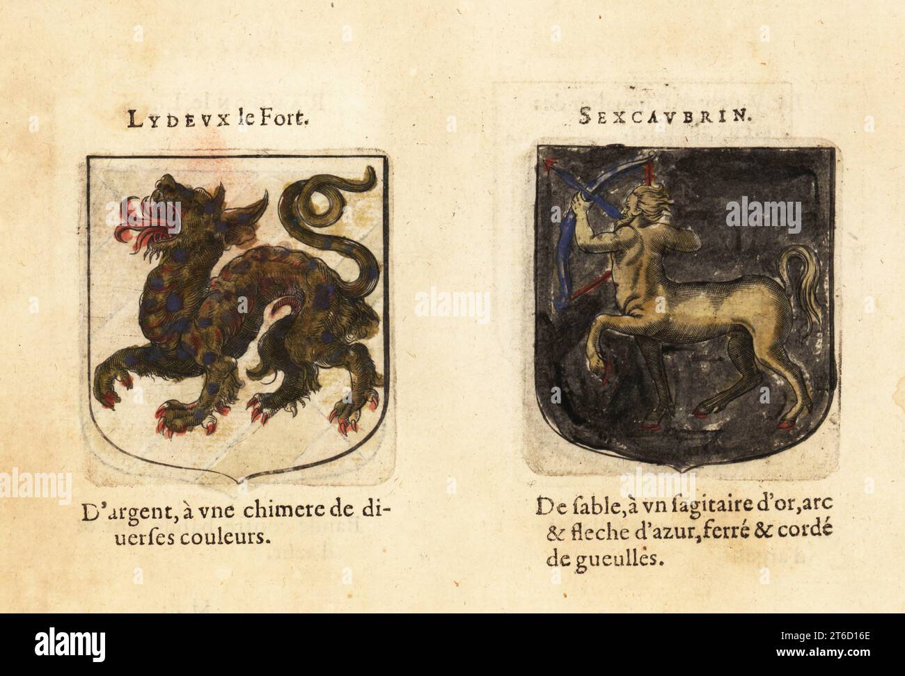 Imaginäre Wappen des siebten und achten Kapitels von König Arthurs Ritter der Tafelrunde: Lydeux der Starke mit Chimära auf silbernem Feld und Sacanarbin mit goldenem Satyr oder Zentaur, der Bogen und Pfeil auf schwarzem Feld hält. Chevaliers de la table ronde: Lydeux le Fort, Sexcaubrin. Handkolorierter Holzschnitt von Hierosme de Baras Le Blason des Armoiries, Chez Rolet Boutonne, Paris, 1628. Stockfoto
