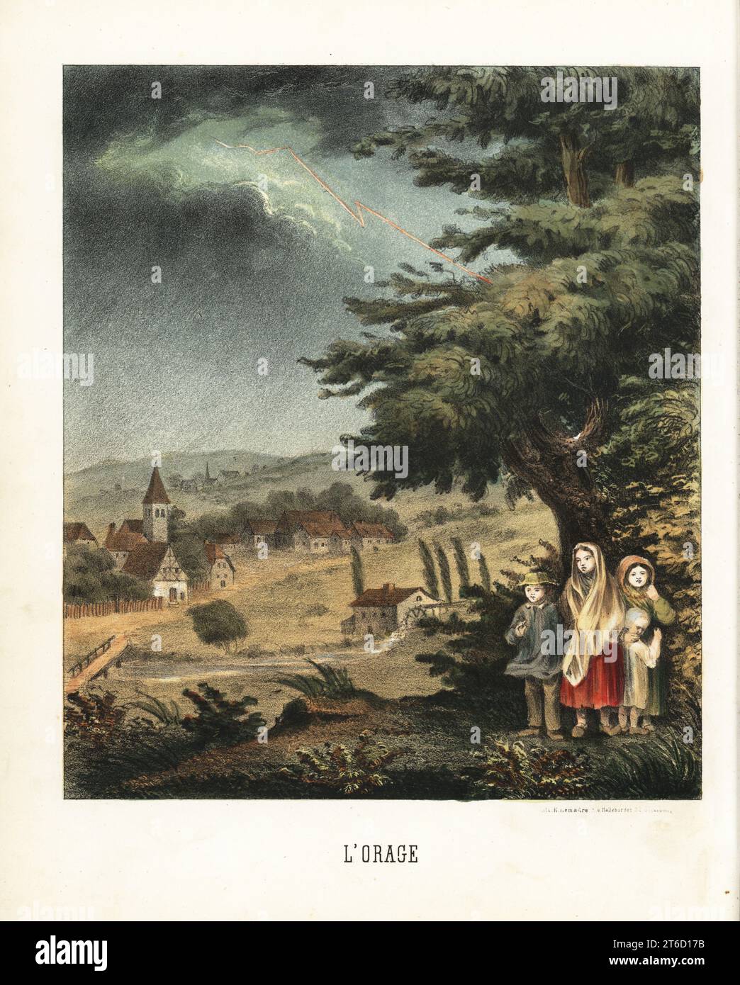 Drei Kinder, die unter einem Baum vor Blitzen in einem Sturm geschützt sind. Im Hintergrund ein Dorf mit Kirche in einem Tal. Lorage. Handkolorierte Lithografie von Emile Lemaitre aus Munerelles Les Phenomenes et Curiosites de la Nature (Naturphänomene und Kuriositäten), Libraire Derivaux, Straßburg, 1856. Stockfoto