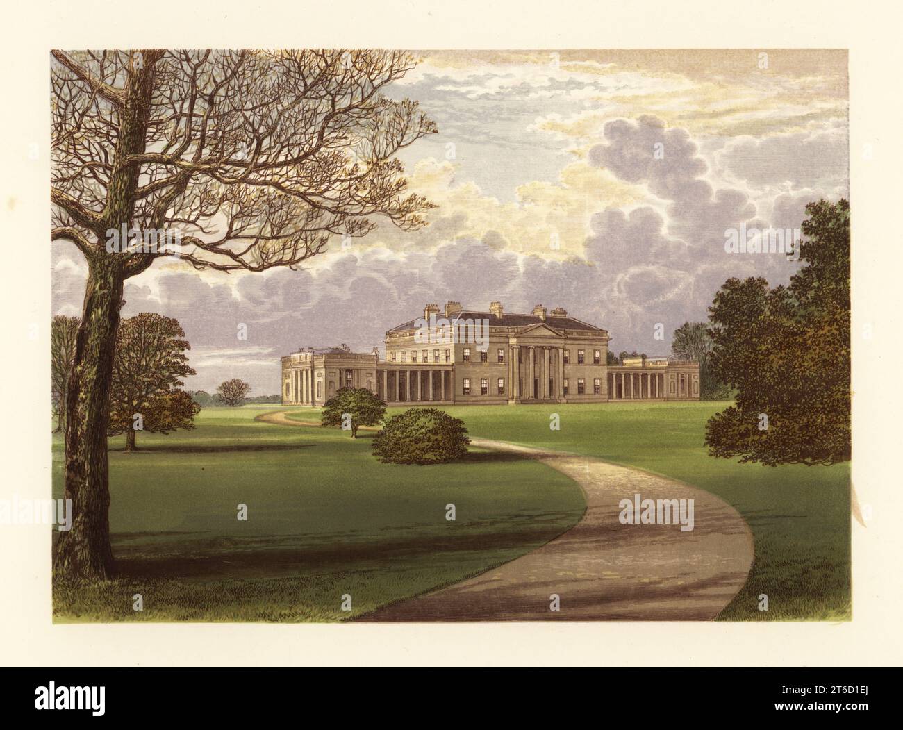 Castle Coole, County Fermanagh, Irland. Regency Villa im italienischen Stil mit Portikus, entworfen vom Architekten James Wyatt und mit Portland-Stein für Armar Lowry-Corry, 1. Earl Belmore. Farbholzblock von Benjamin Fawcett im Baxter-Prozess einer Illustration von Alexander Francis Lydon von Reverend Francis Orpen Morriss Eine Reihe malerischer Ansichten der Sitze von Adligen und Gentlemen von Großbritannien und Irland, William Mackenzie, London, 1870. Stockfoto