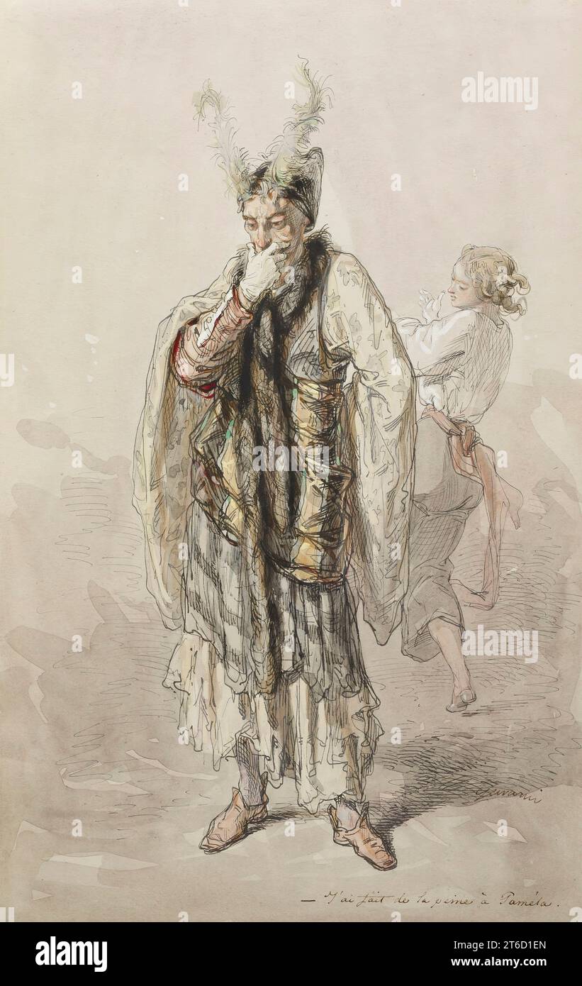 Schauspieler, 1855-1857. Der zentrale Charakter dieser Vignette trägt ein ausgeklügeltes Kostüm und bedeckt seinen Mund mit einer Geste tiefer Besinnung. Wir haben Zugang zu seinen Gedanken: "Ich habe Pamela verletzt." Aber wenn das tanzende Mädchen hinter ihm Pamela ist, sieht sie alles andere als verletzt aus! Entweder ist Pamela nicht wirklich verletzt, und der Mann glaubt, dass sie es ist, oder diese Frau ist das Objekt von Pamelas Unzufriedenheit. Das Fehlen jeglicher Einstellung verstärkt das Geheimnis. Obwohl es „Schauspieler“ genannt wird, wurde es von Kuratoren zugewiesen, als sie es ursprünglich in die Co katalogisierten Stockfoto