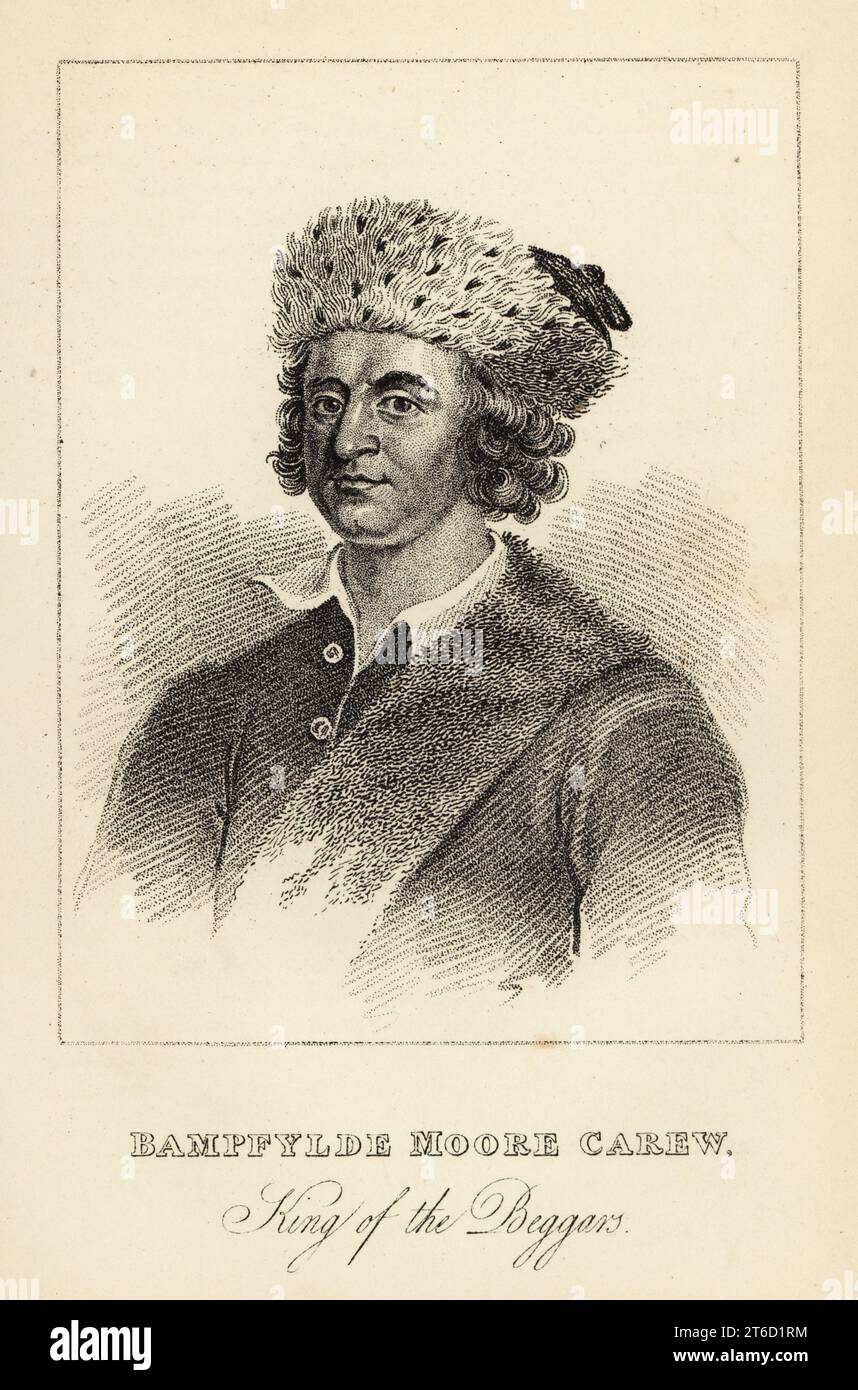 Bampfylde Moore Carew, König der Bettler, 1693-1759. Berüchtigter Vagabund, Bettler, Vagrant, König der Zigeuner, König der Mendikanten, 18. Jahrhundert. Aus einem Porträt in seiner Autobiographie nennt eine Entschuldigung für das Leben von Mr. Bampfylde-Moore Carew gemeinhin den König der Bettler, Goadby & Owen, 1765. Lithographie nach einem Stippelstich von R. Page aus dem Henry Wilson and James Caulfields Book of Wonderful Characters, Memoirs and Anekdotes, of Anoccentric Persons in allen Altersgruppen und Ländern, John Camden Hotten, Piccadilly, London, 1869. Stockfoto