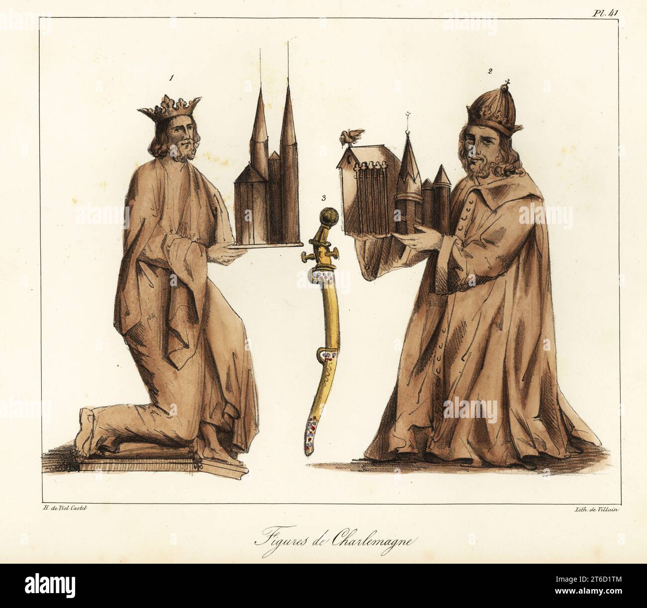 Figuren aus dem Aachener Dom zeigen Kaiser Karl den Großen (748-814) mit einer Kirche 1,2 und seinem Schwert 3. Figures de Charlemagne. Handkolorierte Lithographie von Villain nach einer Illustration von Horace de viel-Castel aus seiner Collection des Costumes, Armes et meubles pour servir à l'histoire de la France (Sammlung von Kostümen, Waffen und Möbeln zur Verwendung in der Geschichte Frankreichs), Treuttel & Wurtz, Bossange, 1827. Stockfoto