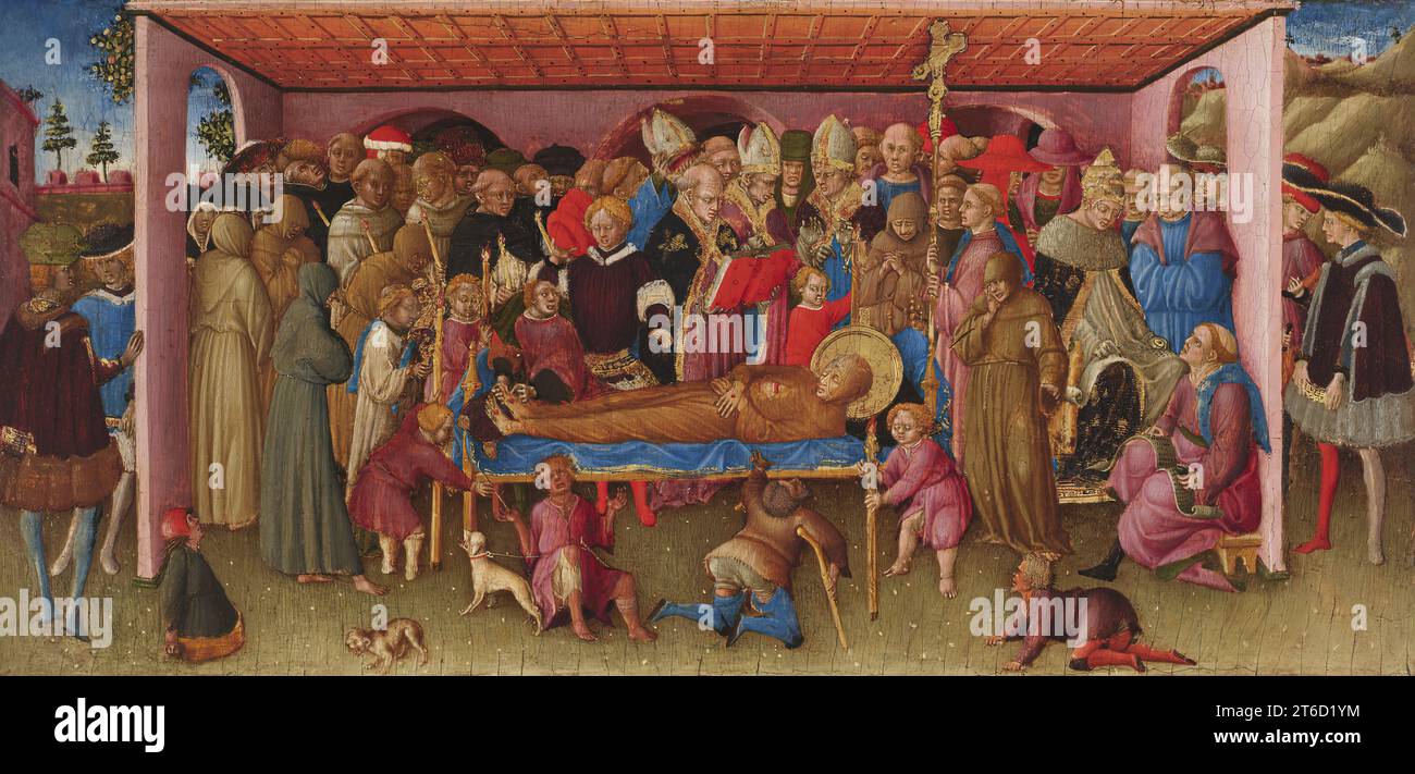 Die Beerdigung des Heiligen Franz von Assisi, 1430. Dieses Bild ist eine Tafel aus der „Predella“ oder der illustrierten Basis eines Altaraufsatzes, der dem heiligen Franziskus gewidmet ist. Es kombiniert die Beerdigung des heiligen (gestorben 1226) mit seiner Heiligsprechung oder Heiligsprechung durch Papst Gregor IX. Im Jahr 1228. Der Leichnam des heiligen liegt auf einem Bier, umgeben von einer trauernden Menschenmenge. Die Menge umfasst modisch gekleidete junge Männer sowie Lahme und Blinde, die eine wundersame Heilung suchen, indem sie die Leiche des heiligen berühren. Rechts schreibt der sitzende Papst das Heiligsprechungsdekret. Stockfoto