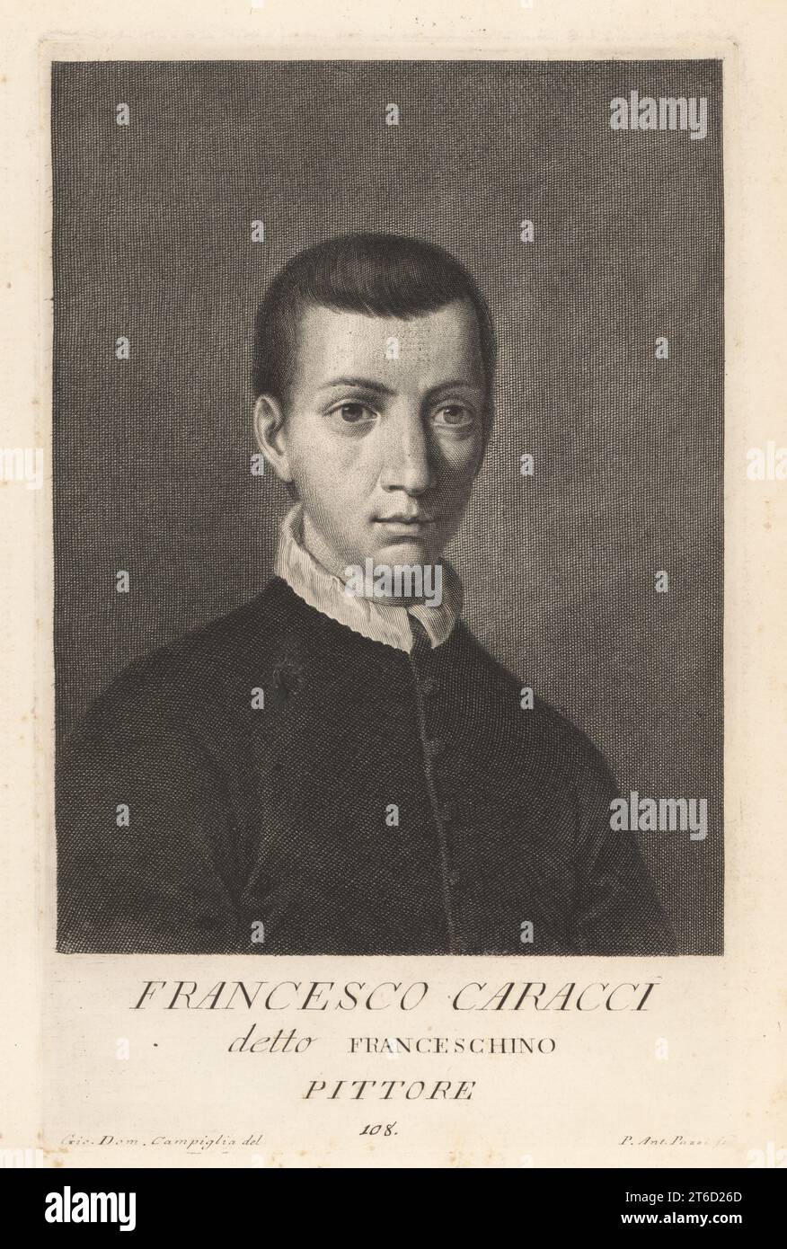 Francesco Carracci, italienischer Maler und Gravierer, 1595-1622. Neffe des berühmten Agostino Carracci. Francesco Caracci Detto Franceschino, Pittore. Copperplate-Gravur von Pietro Antonio Pazzi nach Giovanni Domenico Campiglia nach einem Selbstportrait des Künstlers aus Francesco Moucke's Museo Florentino (Museum Florentinum), Serie di Ritratti de Pittori (Serie von Maler-Porträts) stamperia Mouckiana, Florenz, 1752-62. Stockfoto