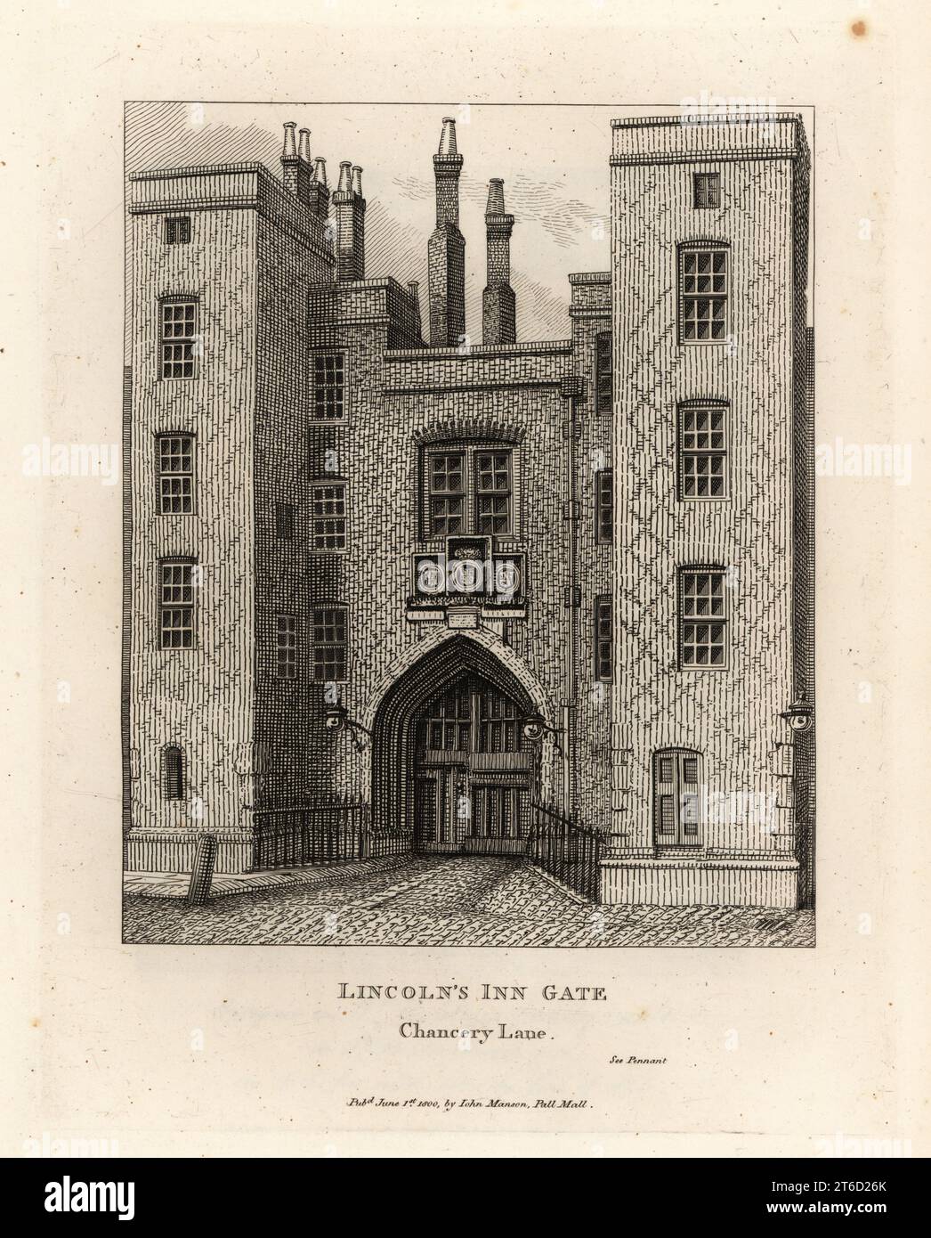 Lincolns Inn Gate, Chancery Lane, London. Eines der vier Inns of Court in London, das im 15. Jahrhundert erbaut wurde. Kupferstich von John Thomas Smith nach Originalzeichnungen von Mitgliedern der Society of Antiquaries aus seinen J.T. Smiths Antiquities of London and its Environment, J. Sewell, R. Folder, J. Simco, London, 1800. Stockfoto