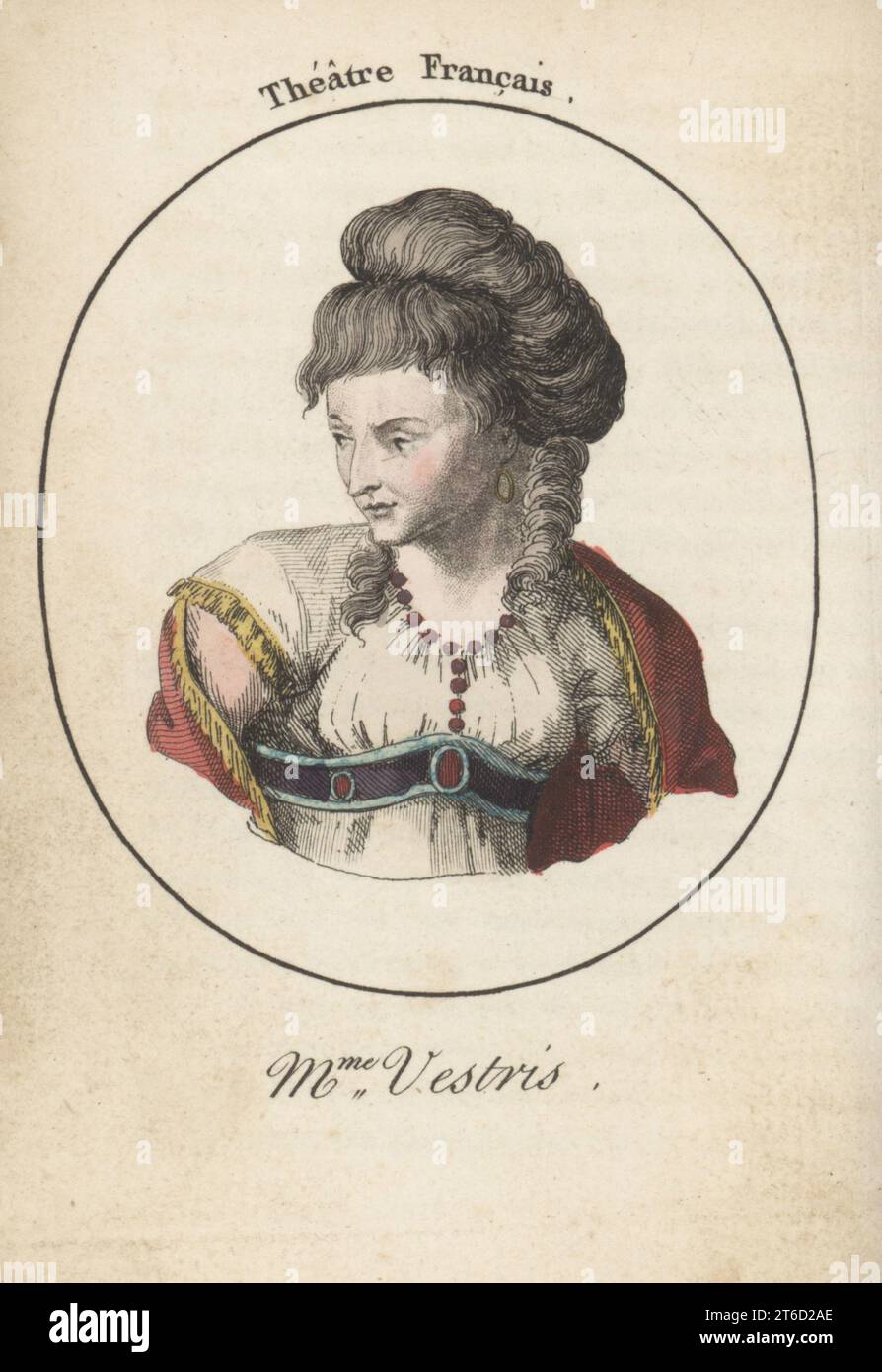 Françoise-Rose Gourgaud oder Madame Vestris, französische Schauspielerin, 1743-1804. Während der Französischen Revolution schloss sie sich der republikanischen Fraktion im Théâtre de la République an. Frau Vestris. Thestre Francais. Handkolorierter Kupferstich nach Jacques Grasset Saint-Sauveur von Acteurs et Actrices Cebres, berühmten Schauspielern und Schauspielerinnen, Le Caliz Latour Libraire, Paris, 1808. Stockfoto