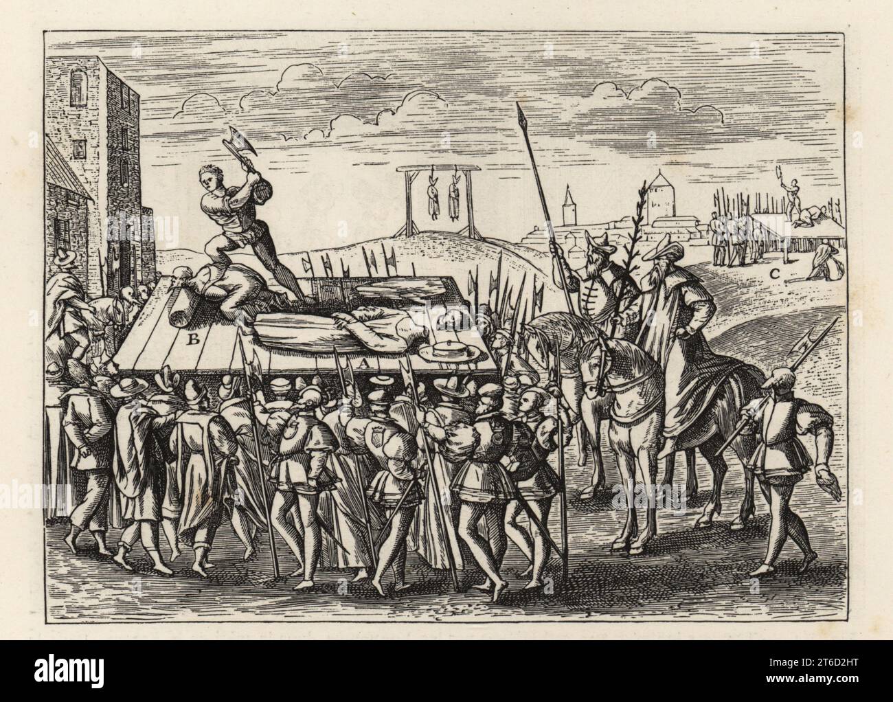 Gräueltaten, die König Heinrich VIII. Von England gegen die Katholiken befahl. Enthauptung von A: John Fisher, Bischof von Rochester, 22. Juni 1535, B: Kanzler Thomas More, 9. Juli 1535, und C: Margaret Pole, Countess of Salisbury, 27. Mai 1541. Nach einer Kupferplatte aus Theatrum crudelitatum nostri temporis, Anvers, 1587. Holzschnitt aus Paul Lacroixs La Vie Militaire et Religieuse au Moyen Age et a lEpoque de la Renaissance, Militär- und Religionsleben im Mittelalter und der Renaissance, Paris, 1873. Stockfoto