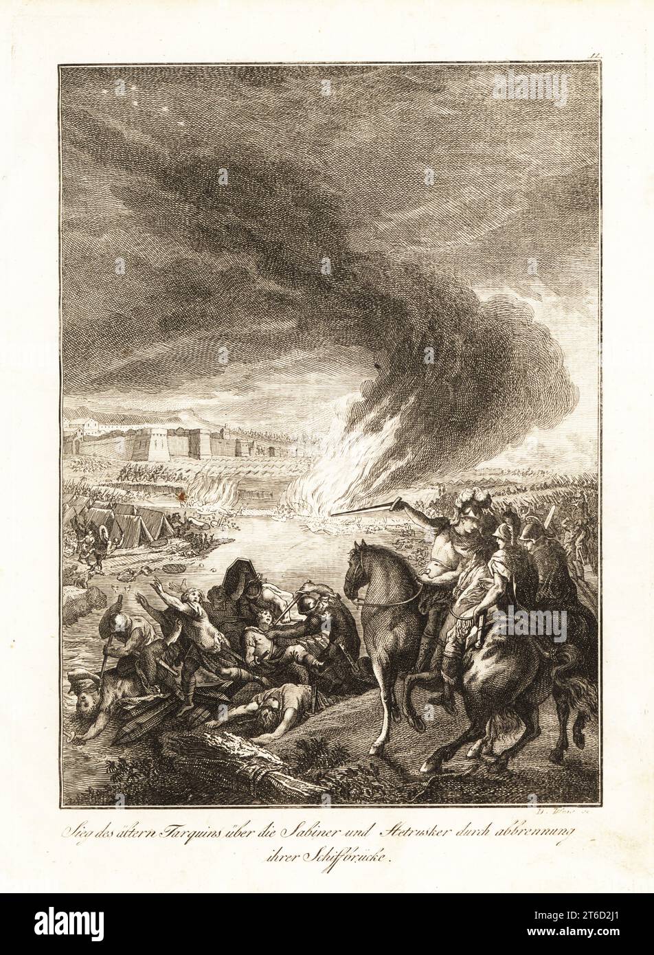 Tarquin der ältere von Rom schickte brennende Boote, um die Sabiner und Etrusker im 6. Jahrhundert v. Chr. zu besiegen. Der legendäre fünfte König von Rom, Lucius Tarquinius Priscus, zeigt mit seinem Schwert auf das Sabiner-Lager. Victoire de Tarquin l'Ancien sur les Etrusques par l'Incendie du Pont de bateaux qui les joignoient. Kupferstich von David Weis nach einem Entwurf von Gabriel de St. Aubin von Professor Joseph Rudolf Zappes Gemalde aus der romischen Geschichte, Pictures of Roman History, Joseph Schalbacher, Wien, 1800. Deutsche Ausgabe von Abbe Claude Francois Xavier Millots Abrege de lHistoire Romaine. Stockfoto