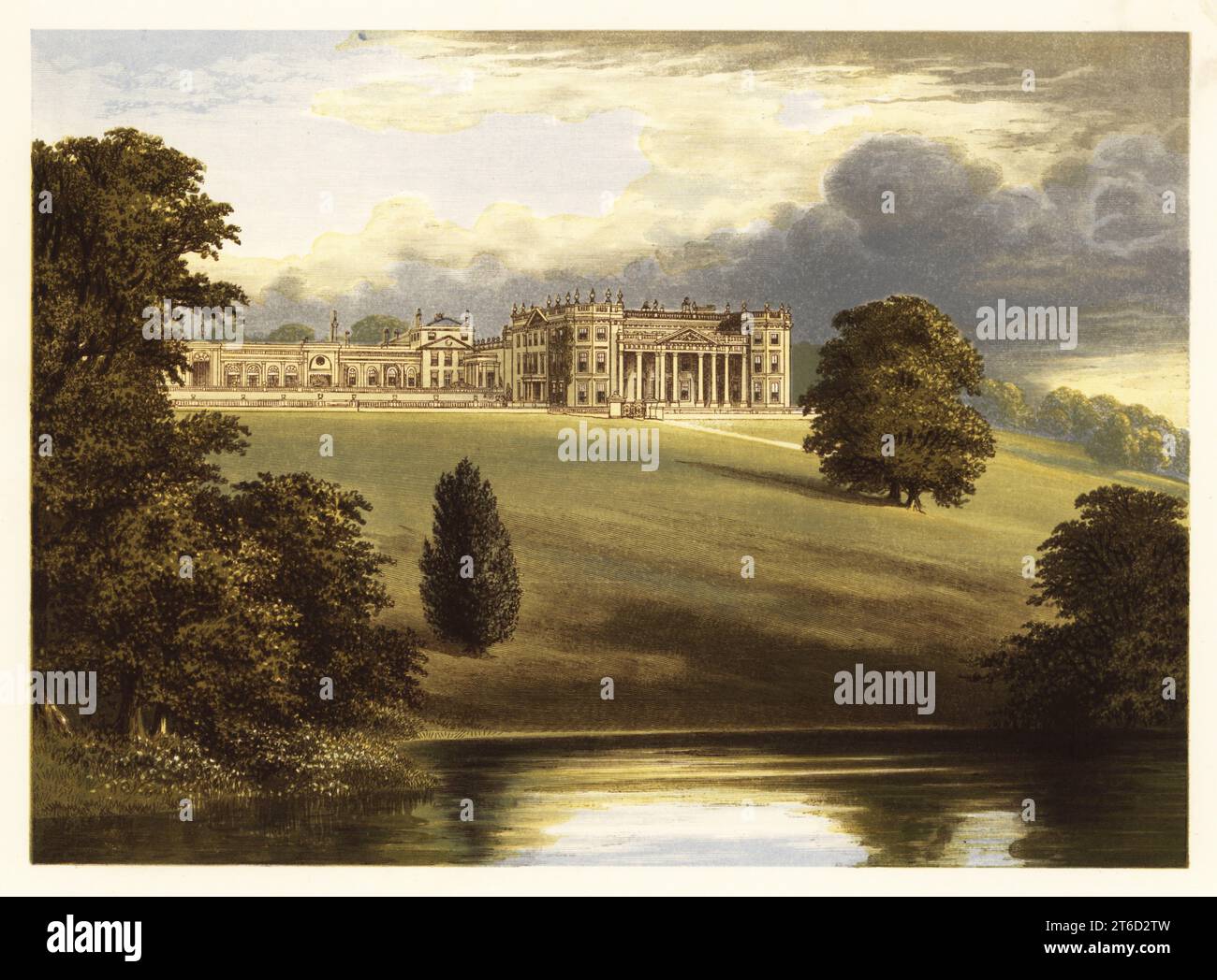Bowood House, Wiltshire, England. Georgianisches Haus mit Inneneinrichtung und Mausoleum von Robert Adam und Gärten, die von Lancelot Capability Brown umgeben wurden. Farbholzblock von Benjamin Fawcett im Baxter-Prozess einer Illustration von Alexander Francis Lydon von Reverend Francis Orpen Morriss malerische Ansichten der Sitze von Adligen und Herren von Großbritannien und Irland, William Mackenzie, London, 1880. Stockfoto