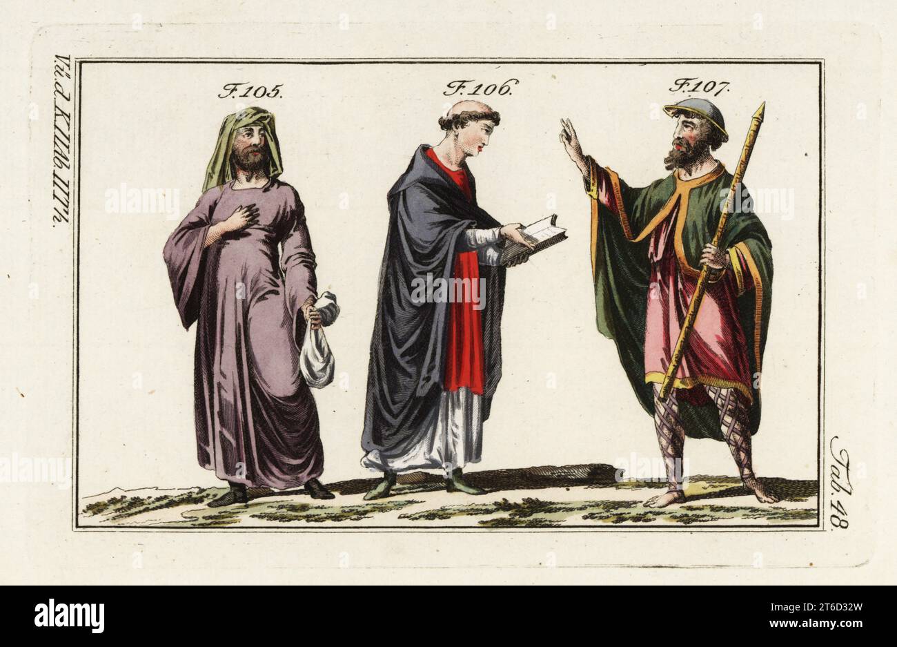 Normannischer Prediger, Mönch und Pilger, 11. Jahrhundert. Prediger aus einem Original-Manuskript in Kleidung, die nur leicht denen des Klerus ähneln, mit einem vollen Geldbeutel 105. Mönch in Soutane mit Tonsur Lesen einer Bibel 106. Pilger in Mantel und Tunika, mit Helm und Stab 107. Handkolorierter Kupferstich aus Robert von Spalarts historischem Bild der Kostüme der Hauptleute der Antike und des Mittelalters, Wien, 1802. Stockfoto