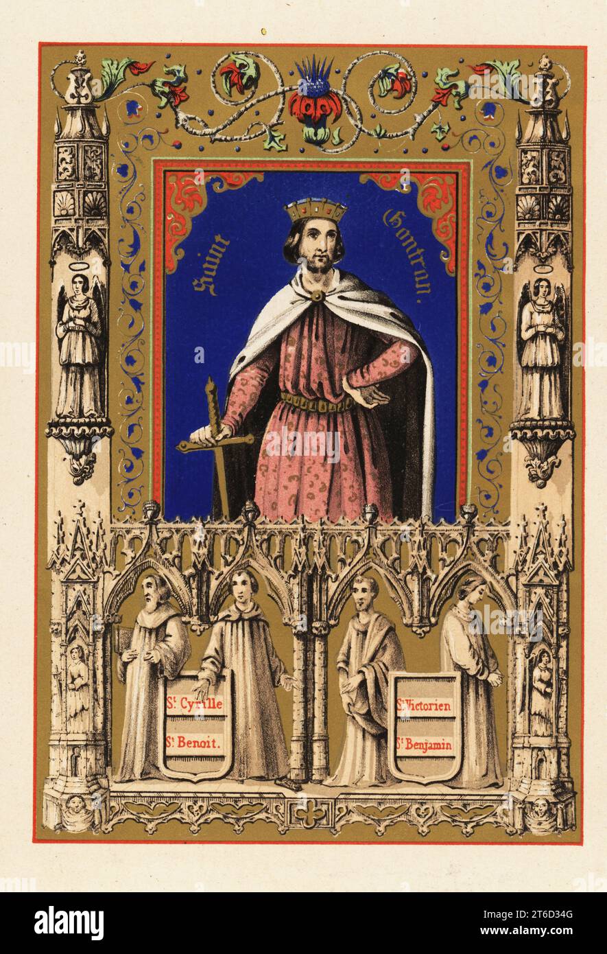 Porträt des heiligen Guntramnus, des heiligen Contran, des Königs von Orleans, mit Krone und Schwert. Vignetten von Saint Cyril, Saint Benedikt, Saint Victorian von Asan und Saint Benjamin. Chromolithographie aus Legende Celeste, nouvelle histoire de la Vie des Saints, Celestial Legend, Lives of the Saints, Paul Mellier, Paris, 1845. Chromolithographie von Jules Desportes, Professor für Lithographie am Institut Royal des Sourds-Muets. Stockfoto