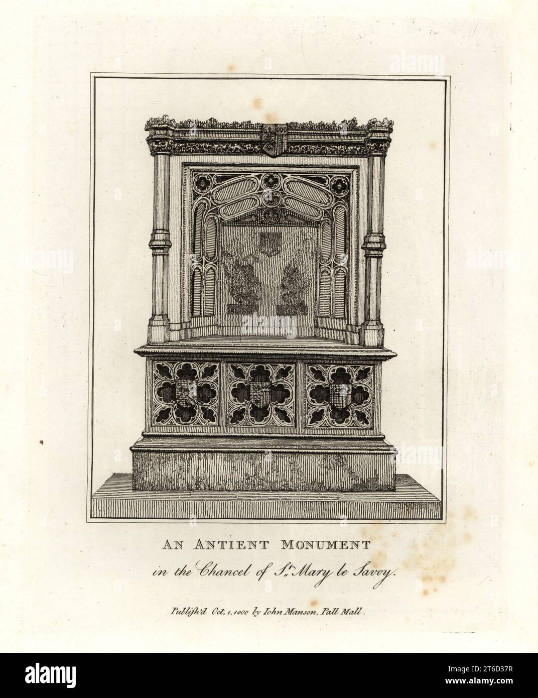 Antikes Denkmal im Chor von St. Mary le Savoy (heute Savoyenkapelle). Kupferstich von John Thomas Smith nach Originalzeichnungen von Mitgliedern der Society of Antiquaries aus seinen J.T. Smiths Antiquities of London and its Environment, J. Sewell, R. Folder, J. Simco, London, 1800. Stockfoto