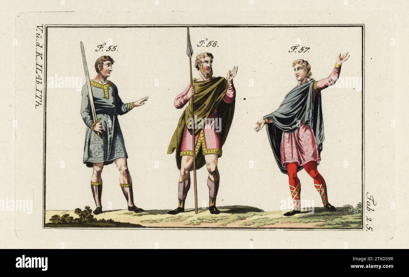 Angelsächsische Soldaten und Adlige. Angelsächsischer Soldat in Stiefeln bewaffnet mit einem Schwert 55, angelsächsischer Soldat mit Hausschuhen und Socken 56 und angelsächsischer Mann mit sehr hohem Rang, Mantel, Tunika und rote Hosen mit Kordeln 57. Handkolorierter Kupferstich aus Robert von Spalarts historischem Bild der Kostüme der Hauptmenschen der Antike und des Mittelalters, Wien, 1796. Stockfoto