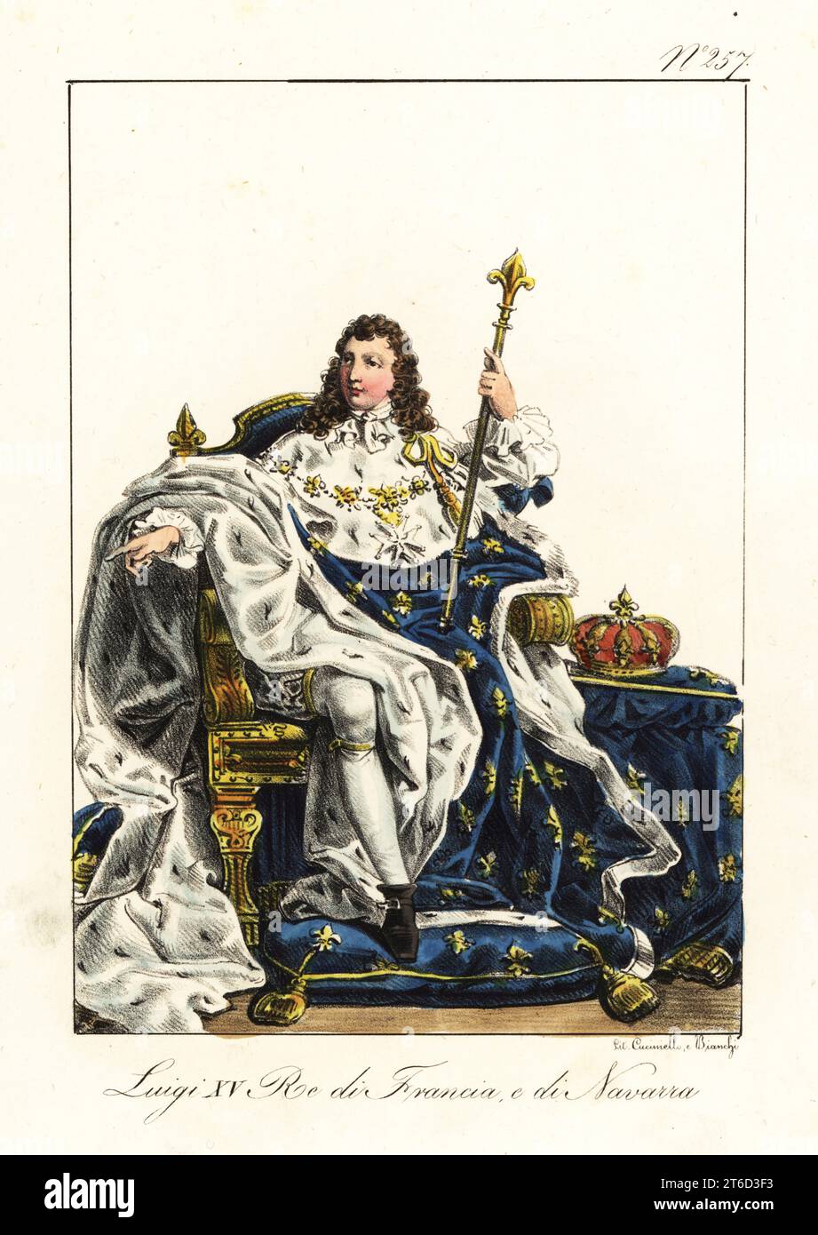 König Ludwig XV. Von Frankreich, 1710–1774, Louis der Geliebte, auf seinem Thron mit Krone, Zepter, Hermelin-Gewändern mit Fleurs-de-Lys-Wappenmotiv. Louis XV., ROI de France et de Navarra. Handkolorierte Lithographie von Lorenzo Bianchi und Domenico Cuciniello nach Hippolyte Lecomte aus Costumi civili e militari della monarchia francese dal 1200 al 1820, Neapel, 1825. Italienische Ausgabe der Lecomtes Zivil- und Militärkostüme der französischen Monarchie von 1200 bis 1820. Stockfoto