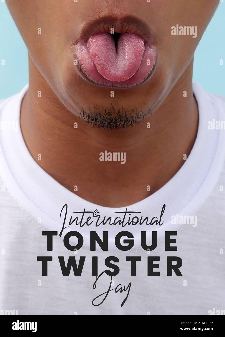 Internationale Tageskarte für Zungendrehung mit Nahaufnahme eines asiatischen Mannes. Stockfoto