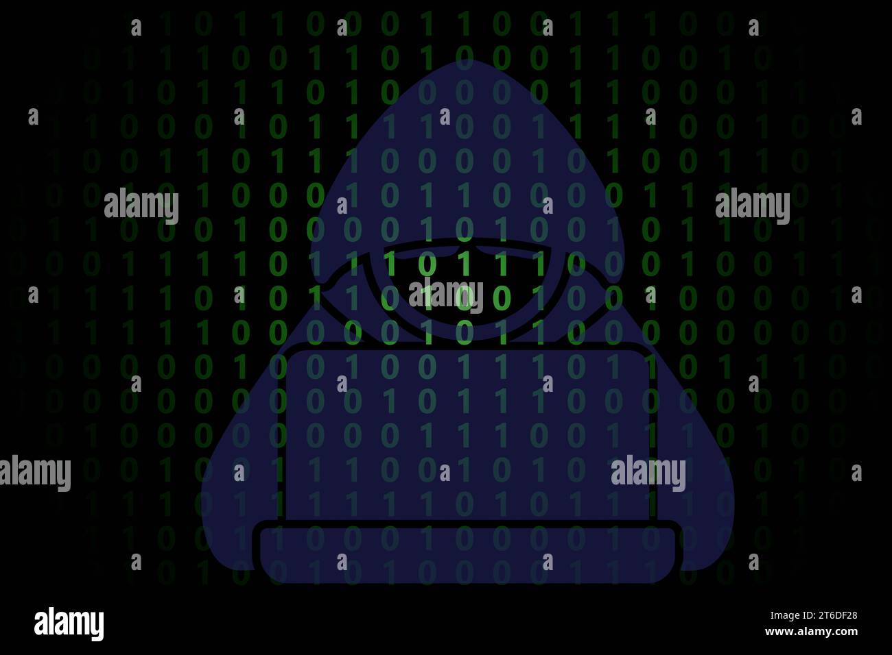 Hacker auf schwarzem digitalem Hintergrund. 3D-Illustrationsbild. Stockfoto