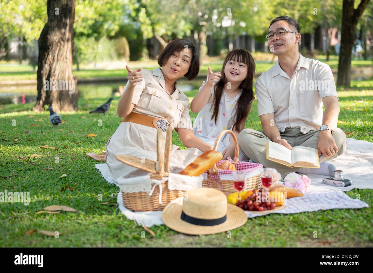 Glückliche asiatische Großeltern und Enkelin haben gemeinsam Spaß im grünen öffentlichen Park und picknicken am Wochenende. Familienurlaub, Familienverbindung Stockfoto