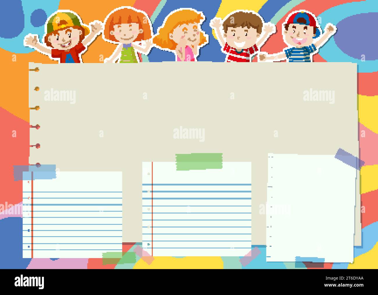 Kinder-Zeichentrickfiguren stehen hinter einem lebendigen abstrakten Hintergrund Stock Vektor