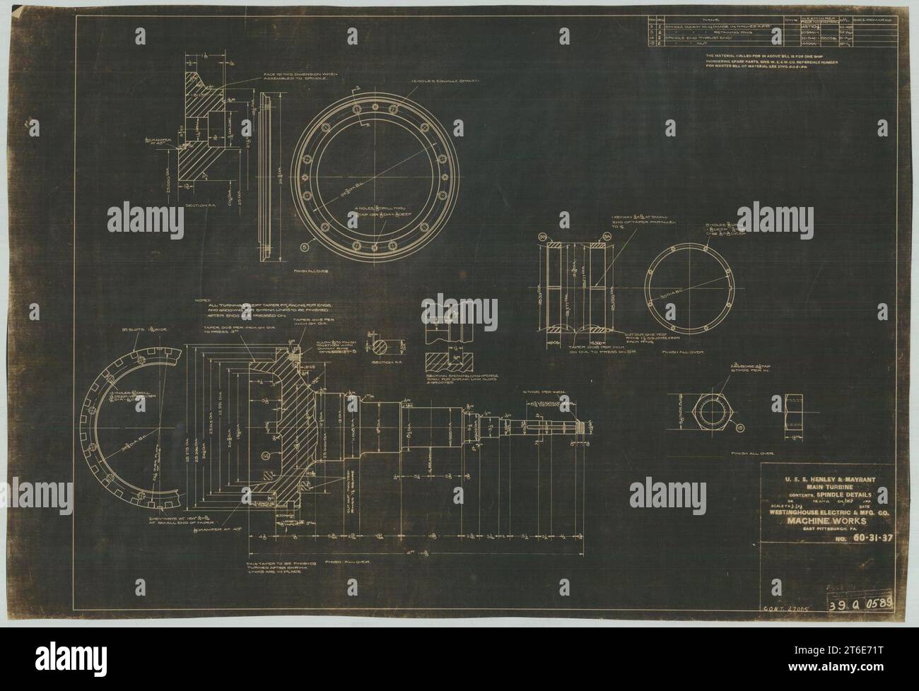 USS Henley (DD-39) – Details zur Spindel der Hauptturbine Stockfoto