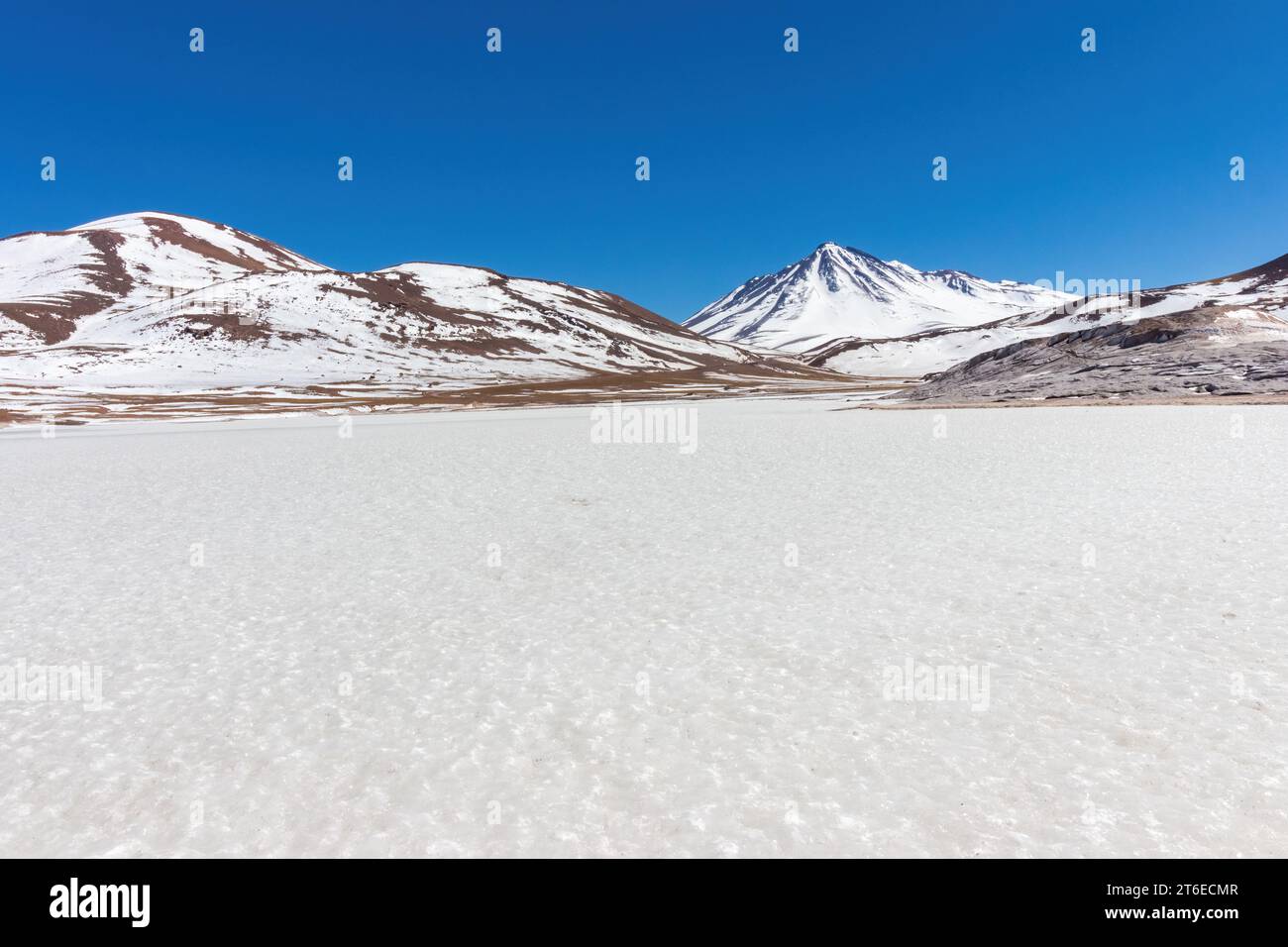 Das feste Eis des gefrorenen Sees Laguna Miscanti im Winter in den Anden im Norden Chiles. Die Berge blicken auf die Lagune. Stockfoto