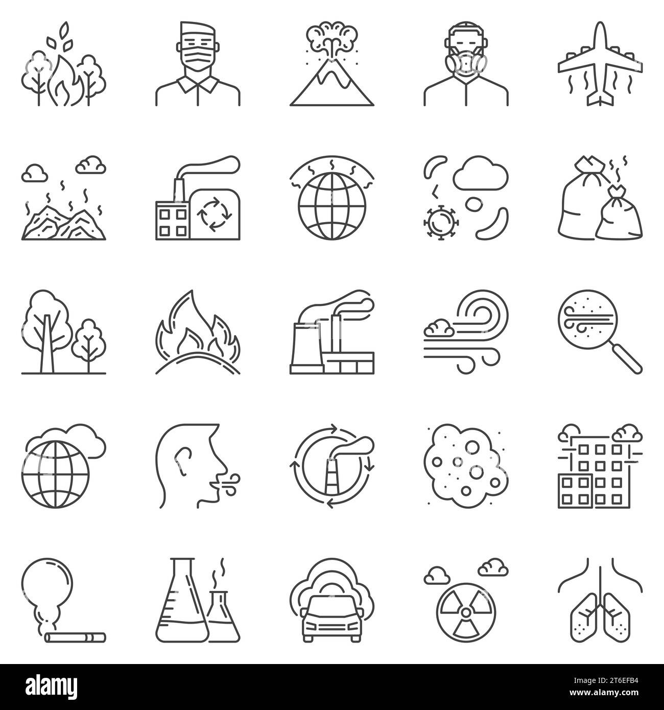 Symbole für Luftverschmutzung – Vektorkontamination in Atmosphäre, Staub, Gas, Rauch, Fabrikkonzepte Stock Vektor