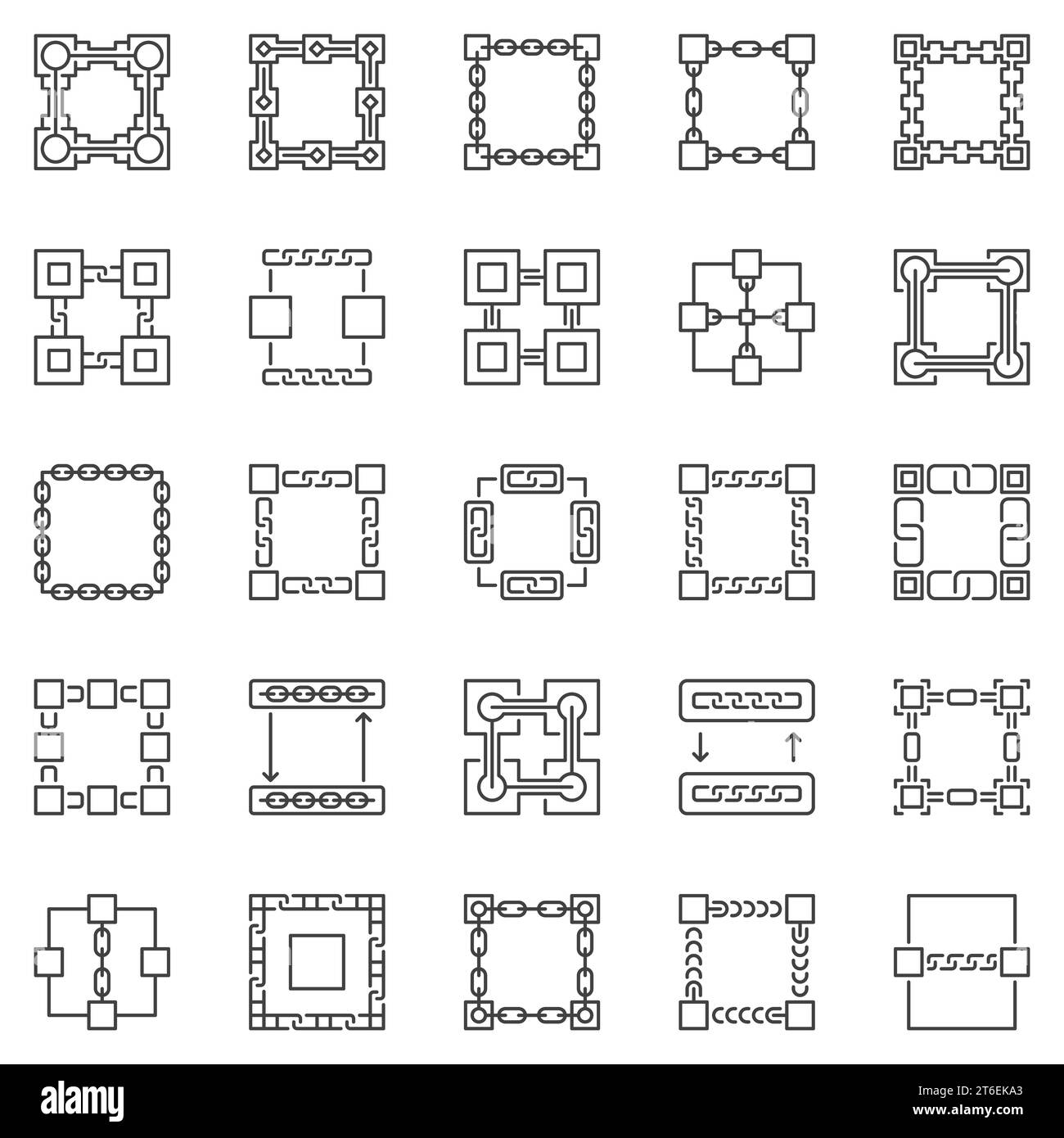 Blockchain Minimal Outline Icons Set - Vektor geometrische Blockkette Computertechnologie Konzept dünne Linien Symbole Stock Vektor