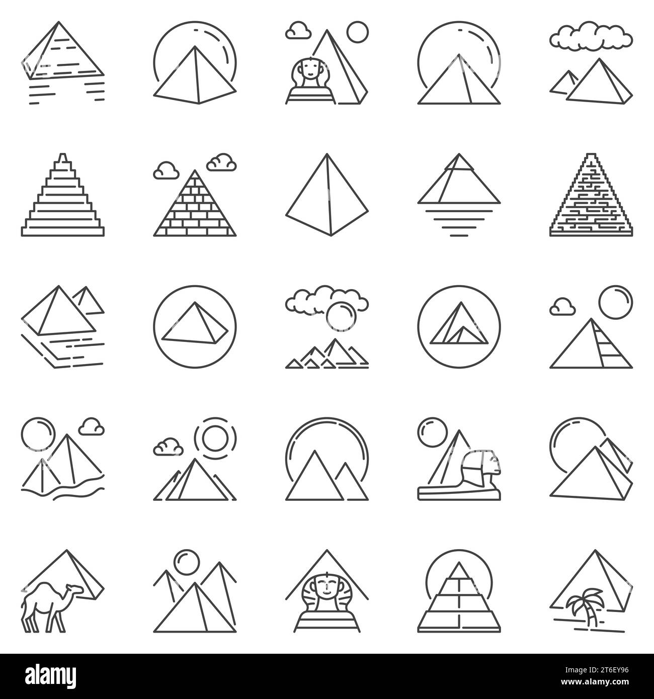 Ägyptische Pyramiden Kontursymbole. Pyramide in Ägypten Konzept Vektorlinien Symbole Stock Vektor