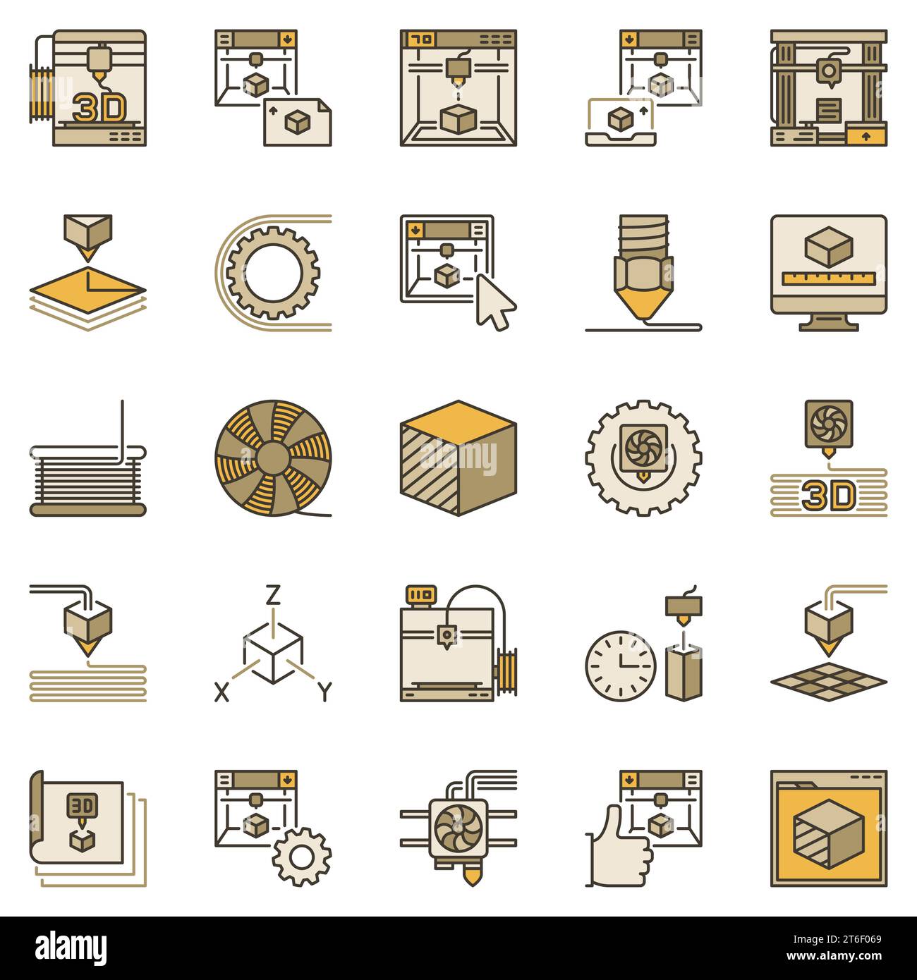 Farbige Symbole für 3D-Druck. Additive Manufacturing and Printers Concept moderne Vektorzeichen Stock Vektor