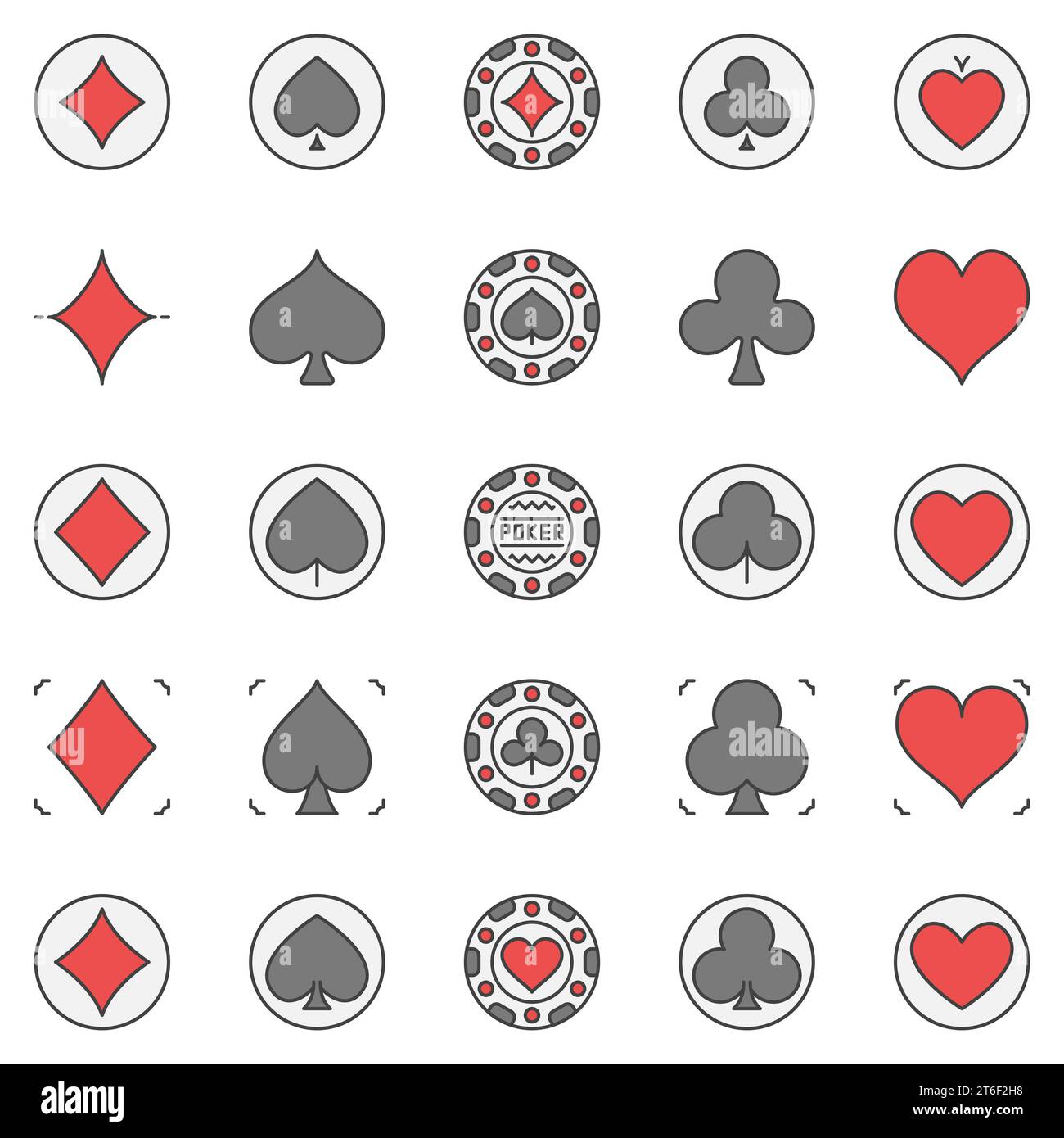 Spielkarte passt zu farbigen Ikonen – Diamanten, Pik, Clubs und Herzen Creative Concept Poker Chips und Casino Signs Kollektion Stock Vektor