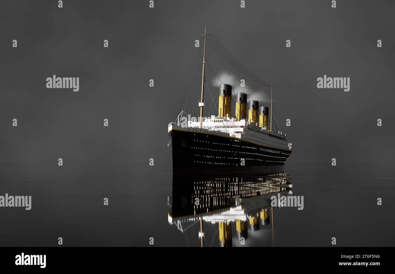 Steamboat Ocean Liner Schiff allgemeine Ansicht 3D-Renderbild in HDR Meeresspiegelansicht bei Nacht Stockfoto
