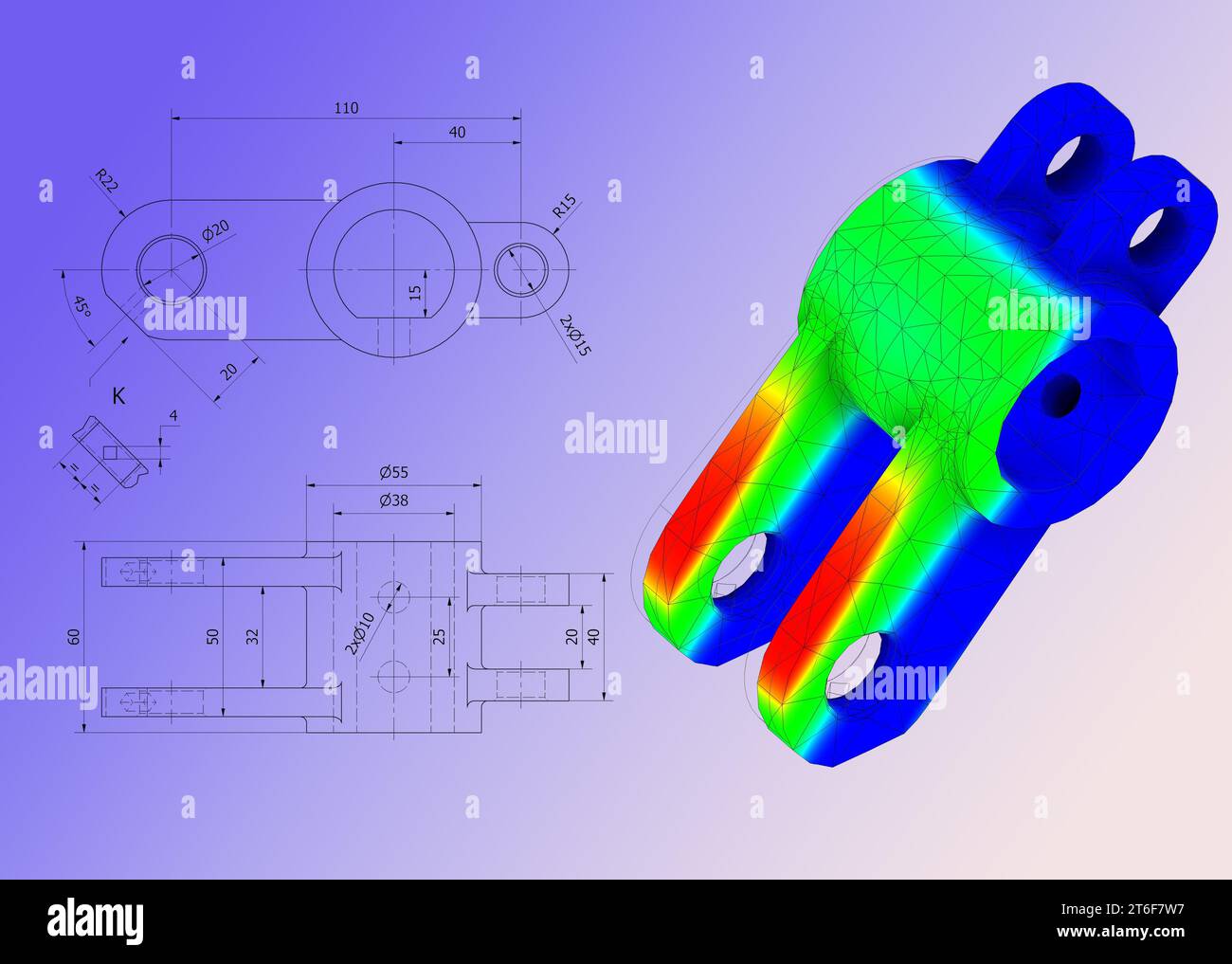 FEM-Analyse an mechanischen Metallverbindungen zur Berechnung von Widerstand, Spannung und Kräften vor dem Produktionsprozess Stockfoto
