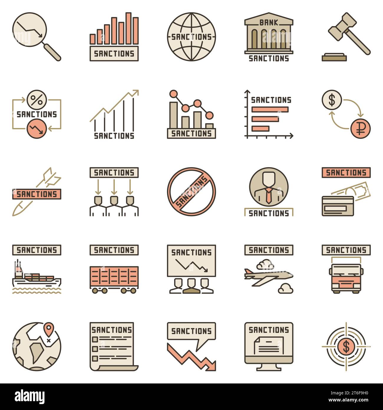 Farbige Symbole gesetzt. Sammlung von Zeichen für wirtschaftliche oder politische und militärische Sanktionen Stock Vektor