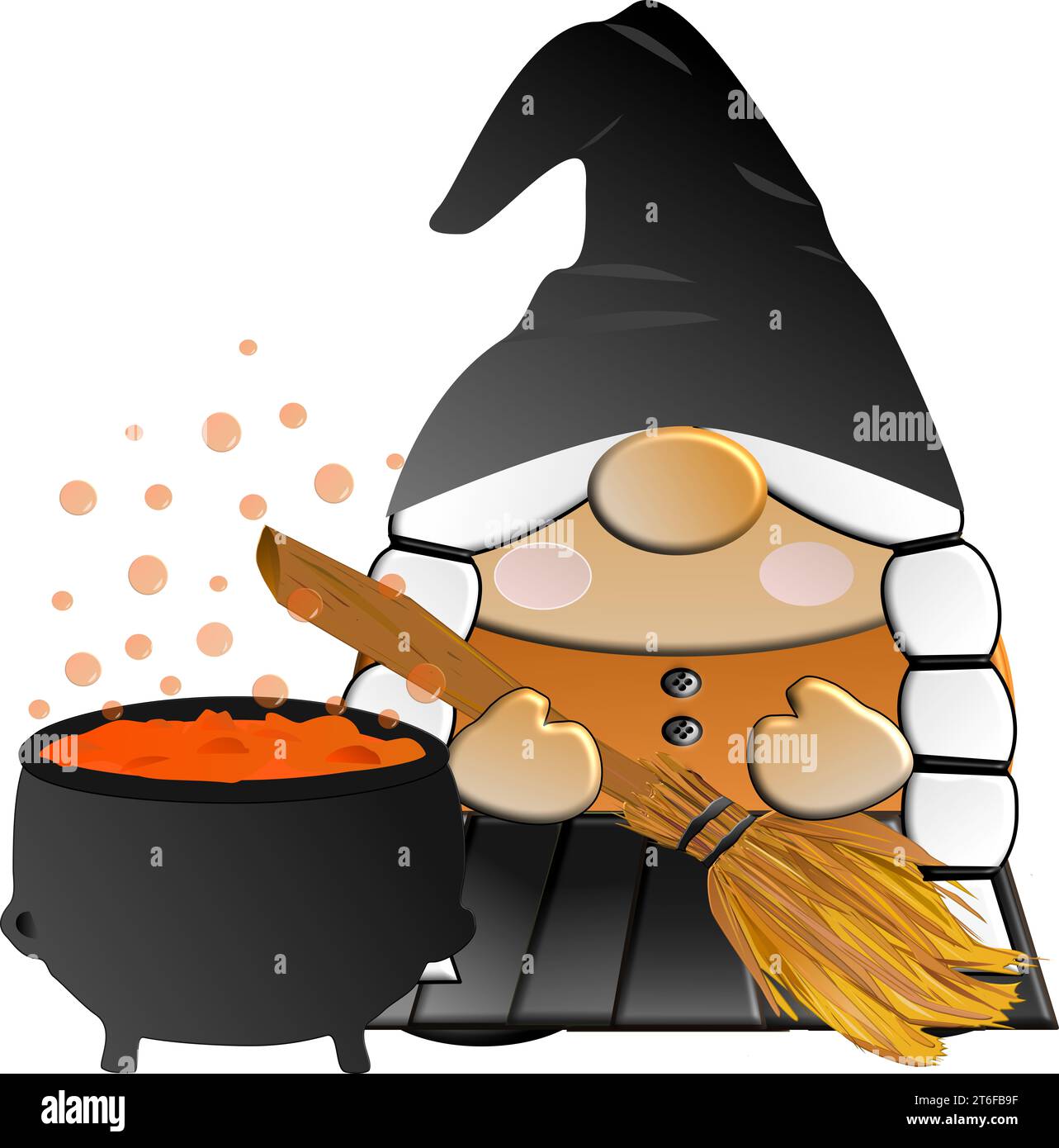 gnome Woman - Hexe mit Trinkkessel und spitzem schwarzen Hut und Besen - ideal für Halloween Party Stockfoto